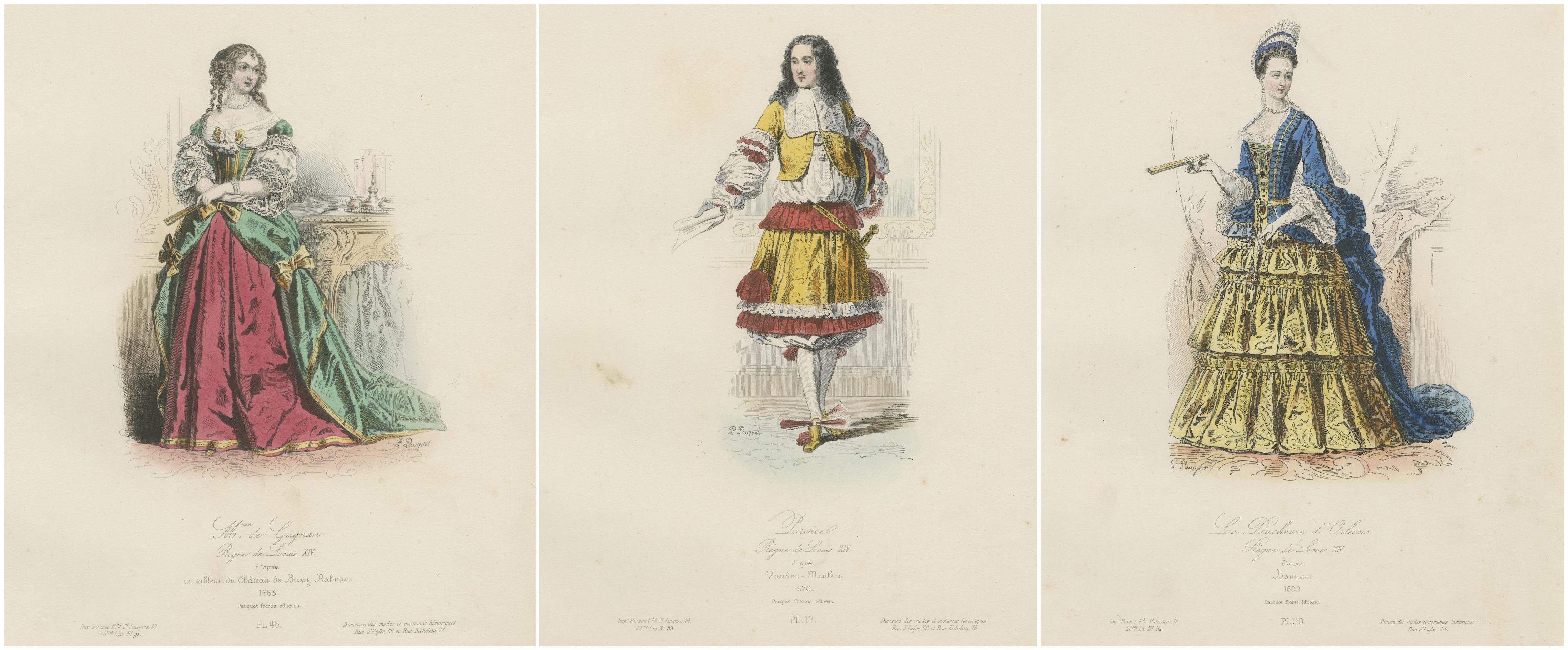Antique French Costume Prints of Nobility, drei handkolorierte Drucke aus dem 19. (Papier) im Angebot