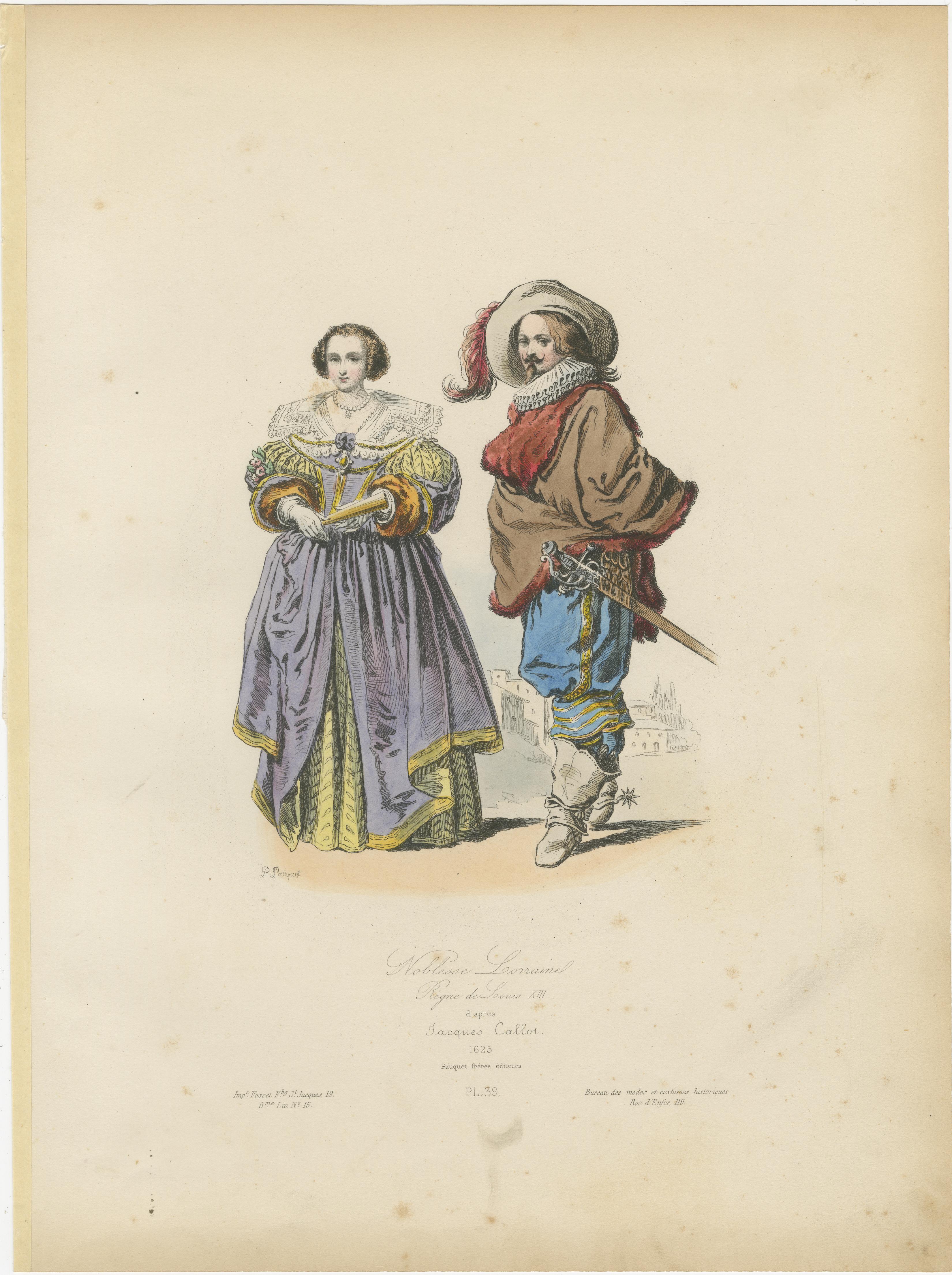Titolo:
Antique French Costume Prints of Nobles from Lorraine, 1625, Published c.1860

Descrizione:
Questa accattivante serie di stampe antiche in costume francese mostra l'impressionante nobiltà di Lorrain nel 1625, come disegnata originariamente