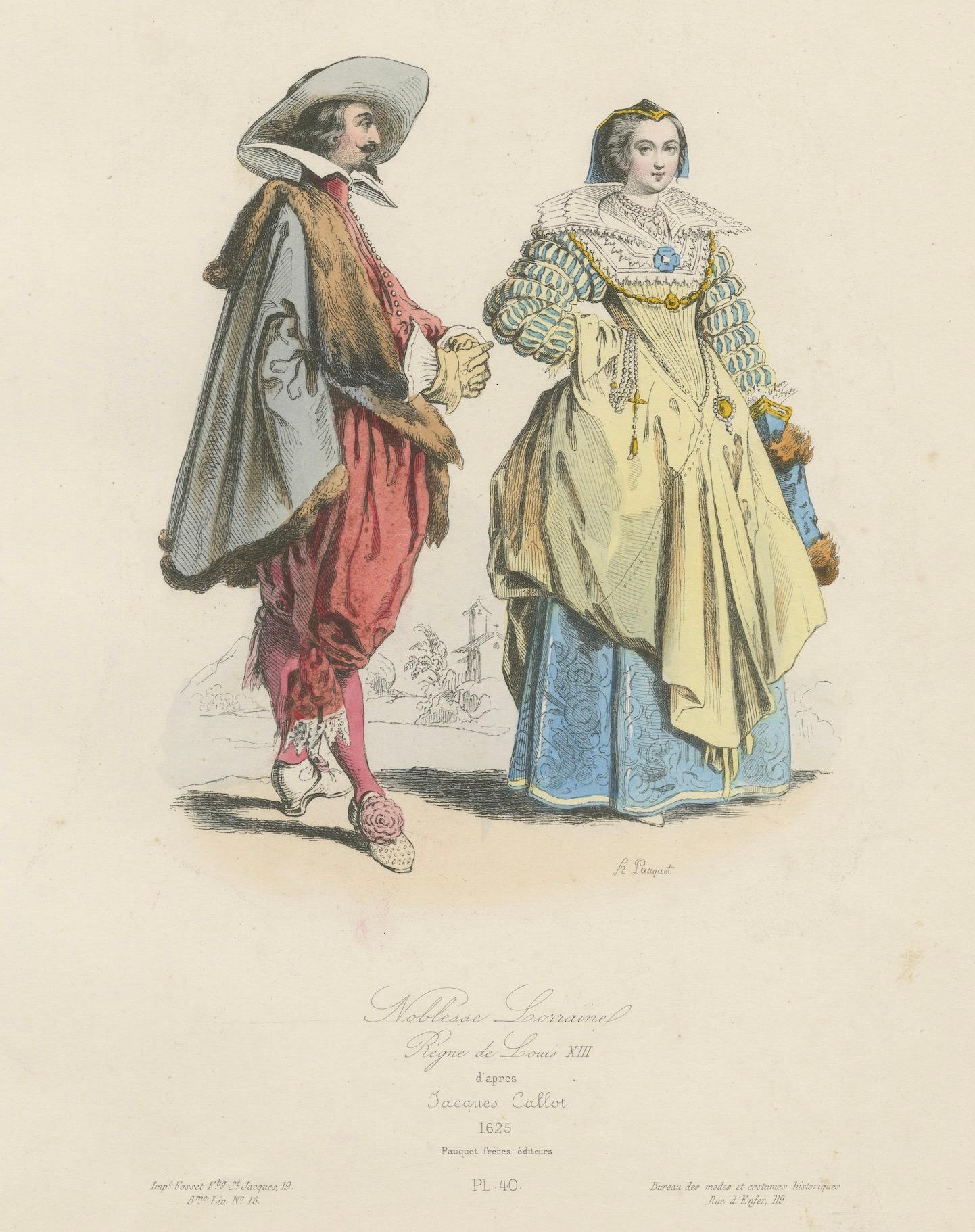 Metà XIX secolo Antique French Costume Prints of Nobles from Lorraine, 1625, Published c.1860 in vendita