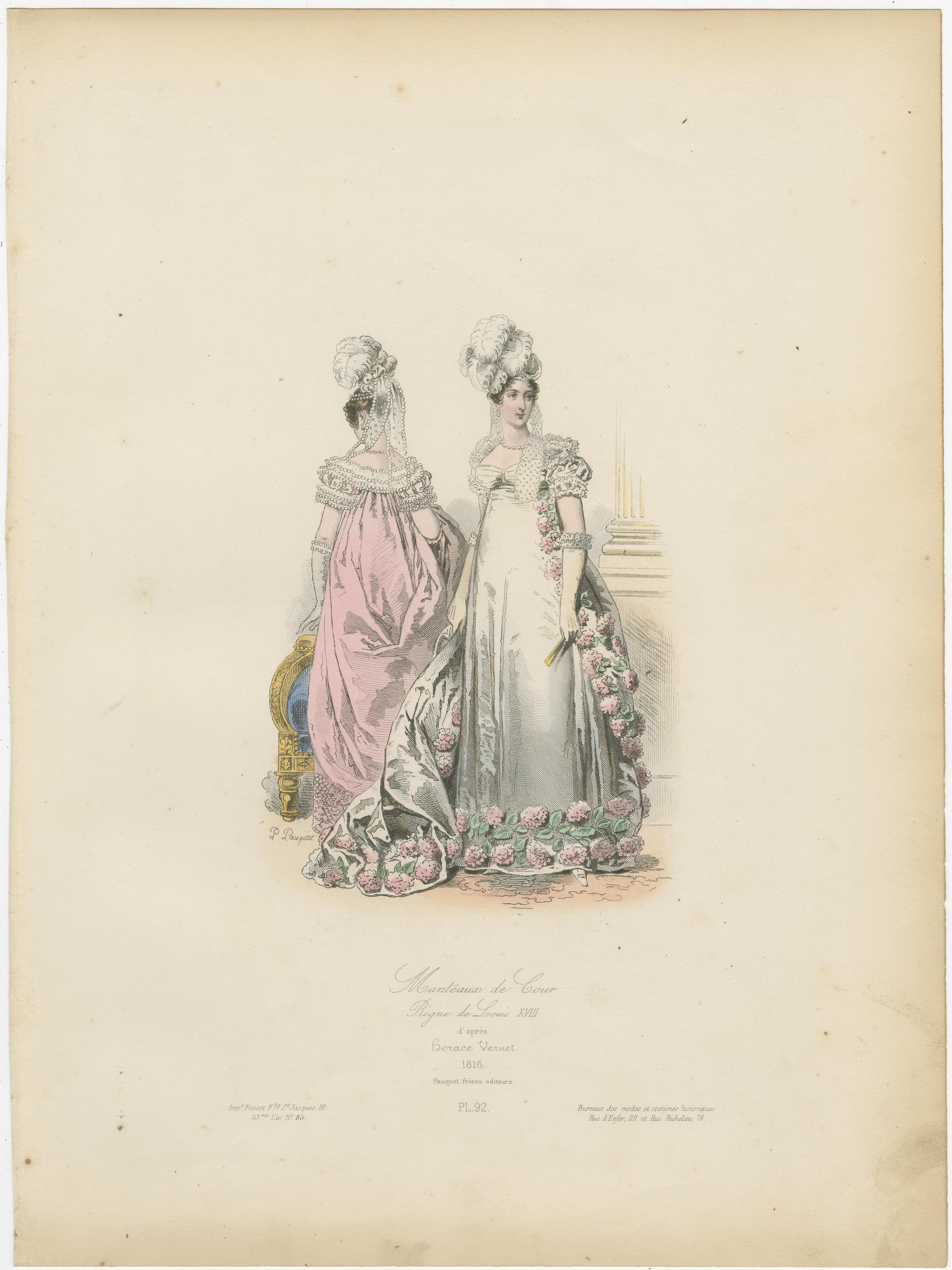 Antique French Costume Prints con decorazioni floreali - 1816-1819 In condizioni buone in vendita a Langweer, NL