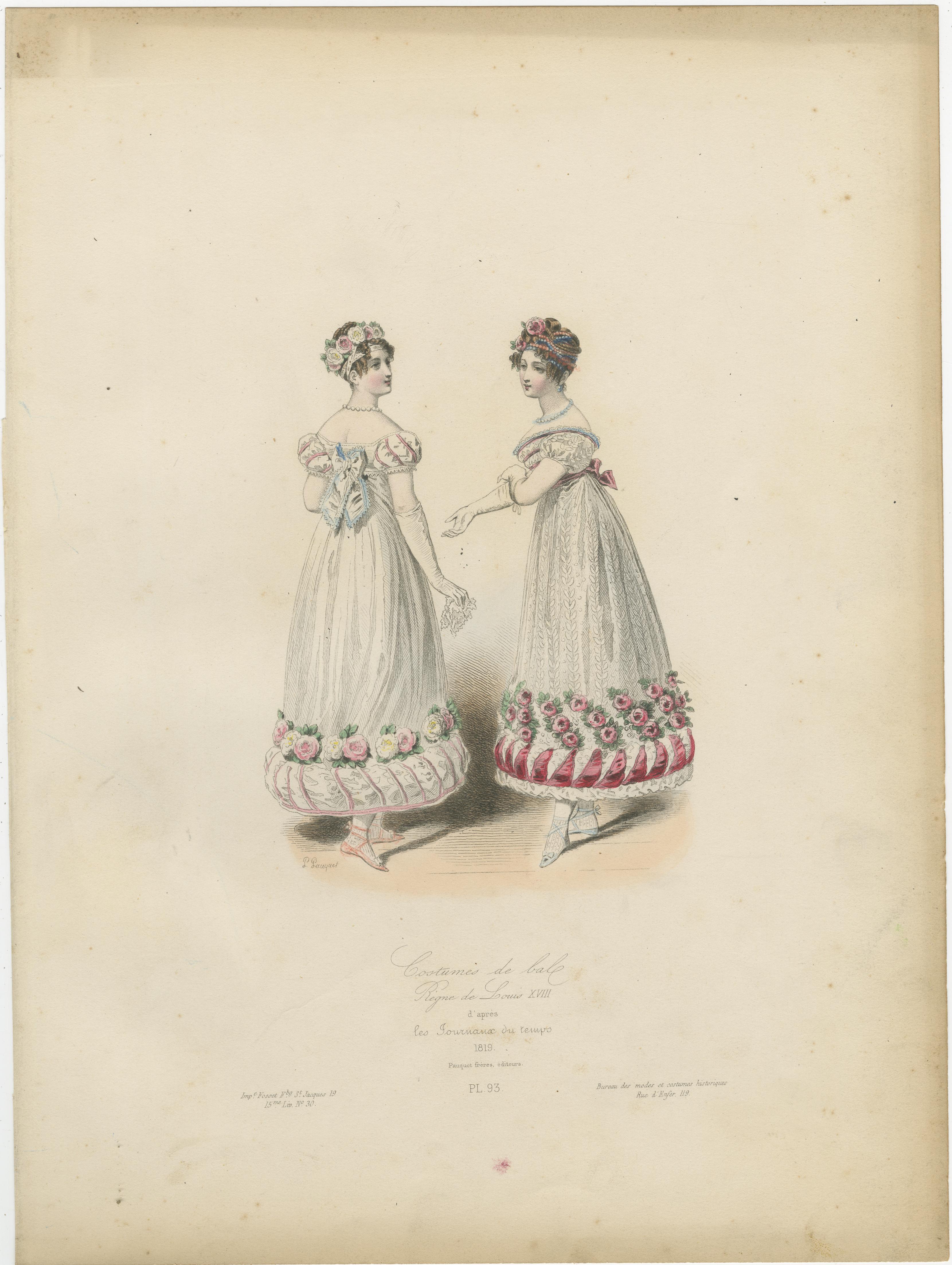 Metà XIX secolo Antique French Costume Prints con decorazioni floreali - 1816-1819 in vendita
