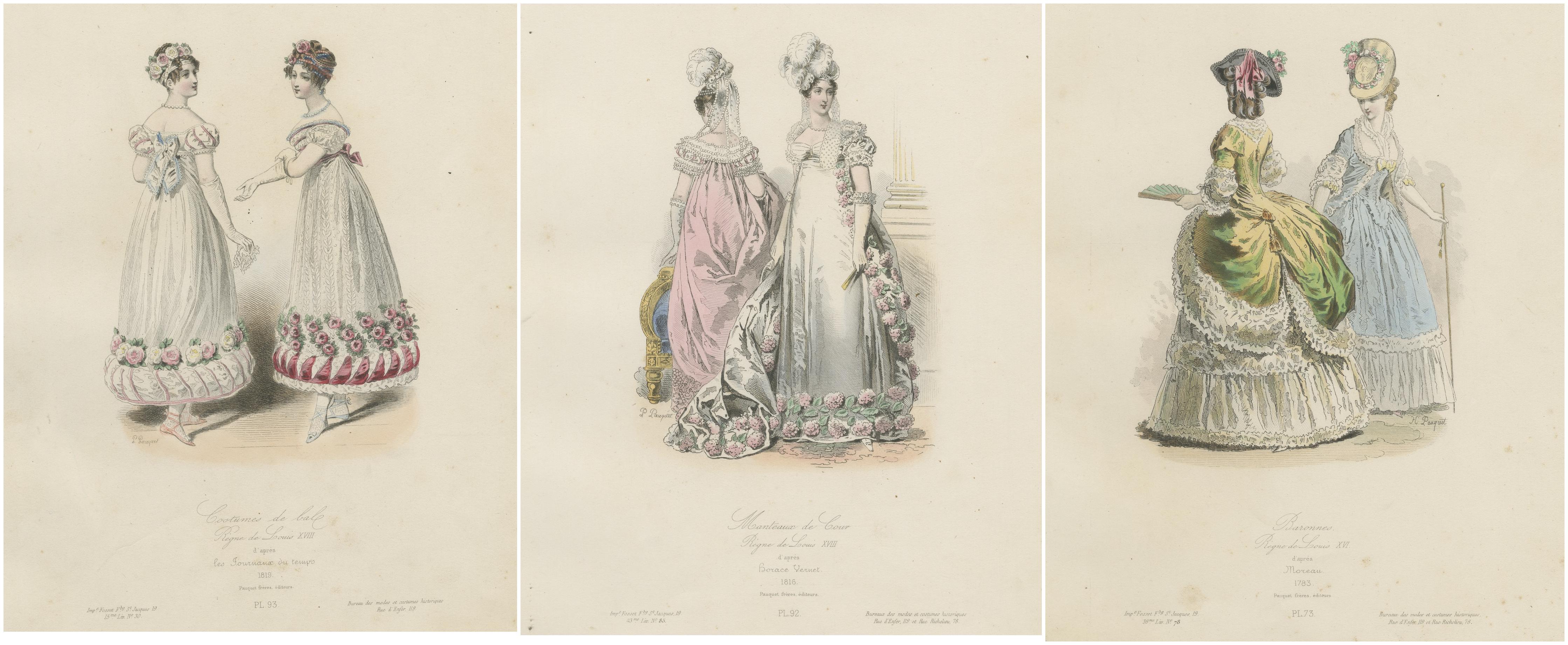 Carta Antique French Costume Prints con decorazioni floreali - 1816-1819 in vendita