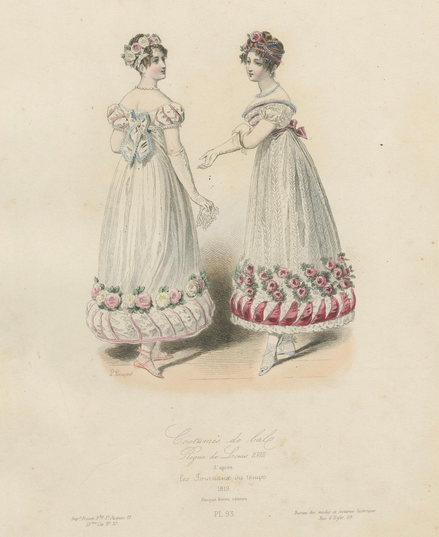 Antique French Costume Prints con decorazioni floreali - 1816-1819 in vendita 1