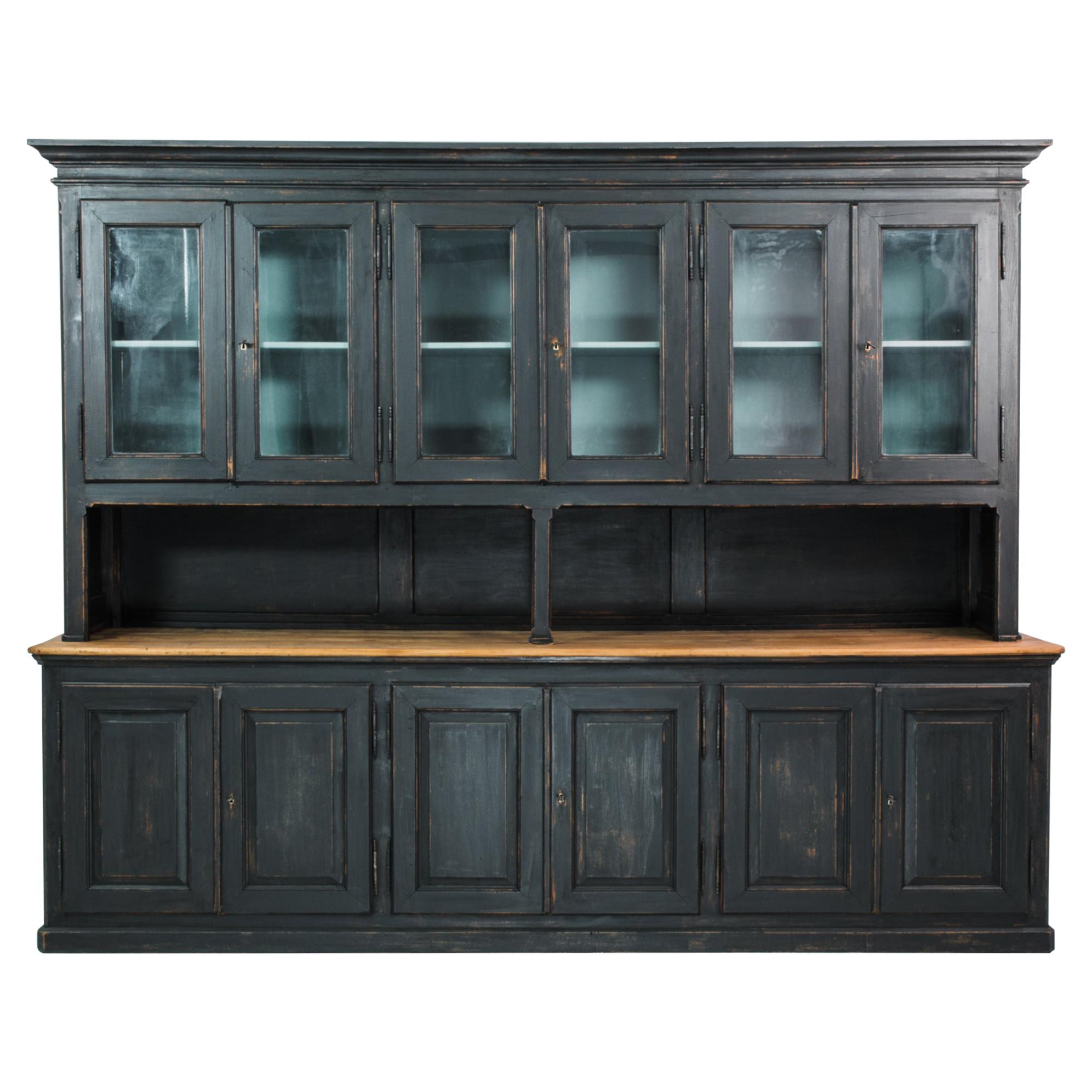 Antique French Country Black Patinated Glass Door Buffet