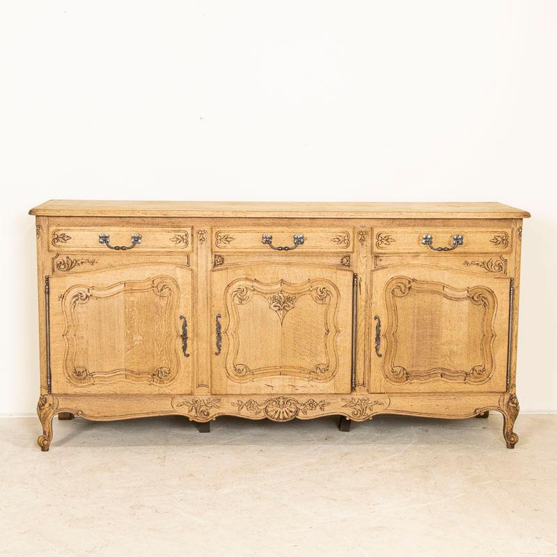 Antique French Country Bleached Oak Sideboard Buffet with Carved Details In Good Condition In Round Top, TX