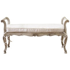 Antique French Country Cane Bench with Organic Linen Hand Pleated Ruffle Cushion