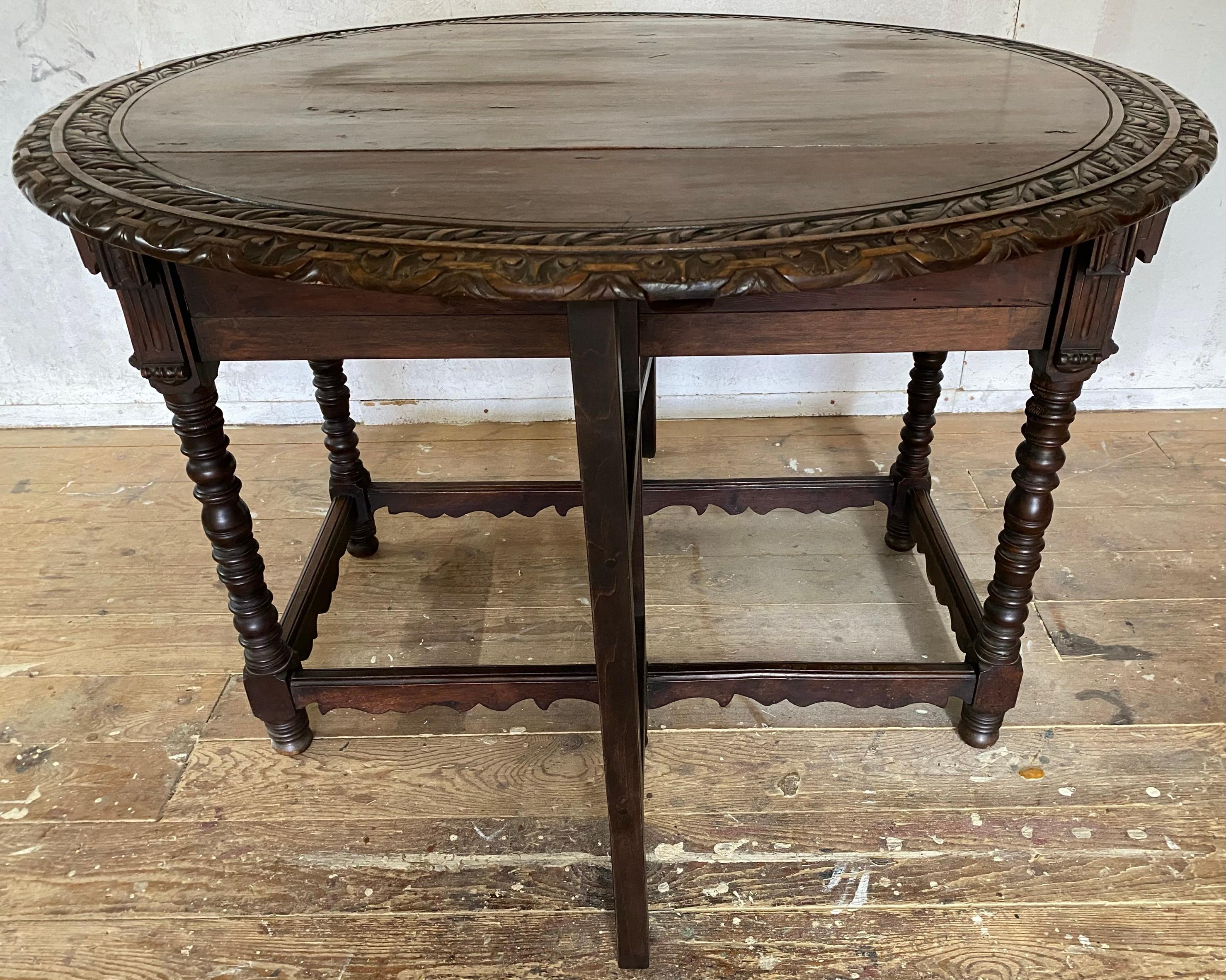 Hand-Carved Antique French Country Carved Drop Leaf Gateleg Table For Sale