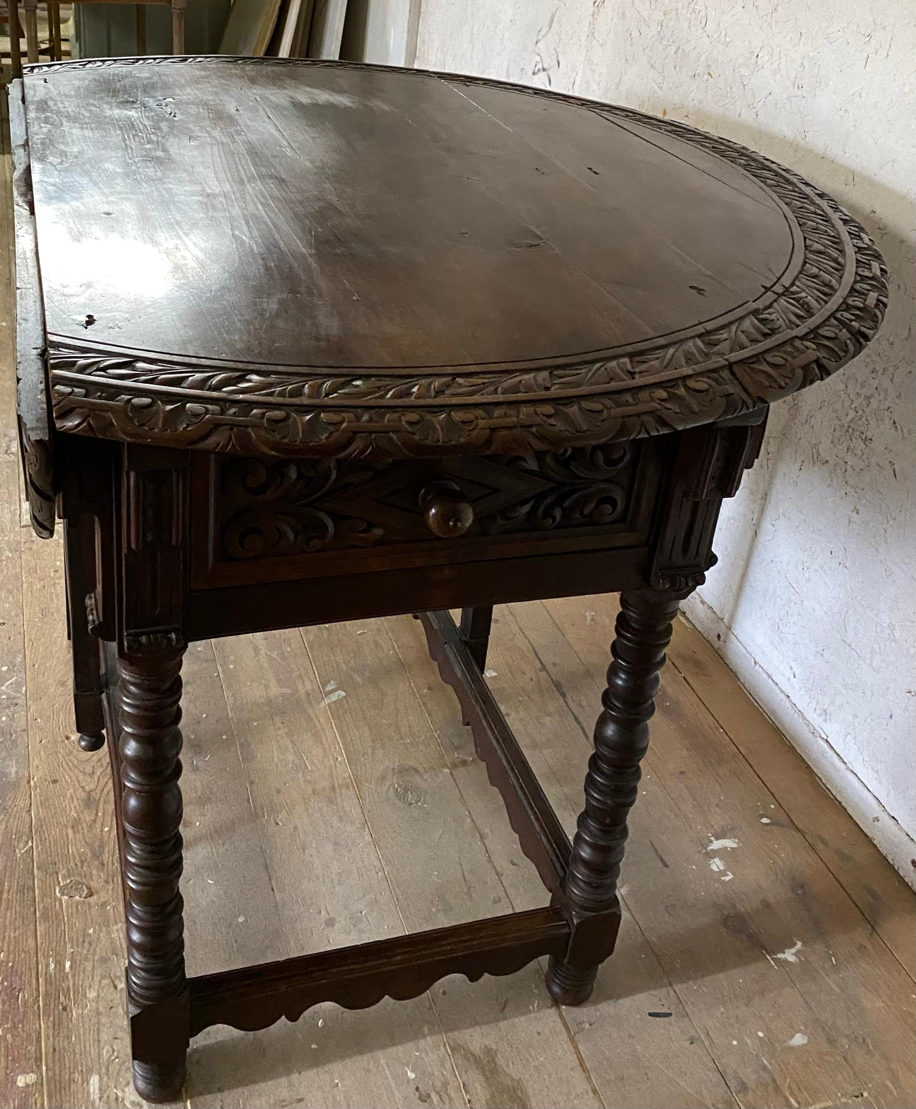 19th Century Antique French Country Carved Drop Leaf Gateleg Table For Sale