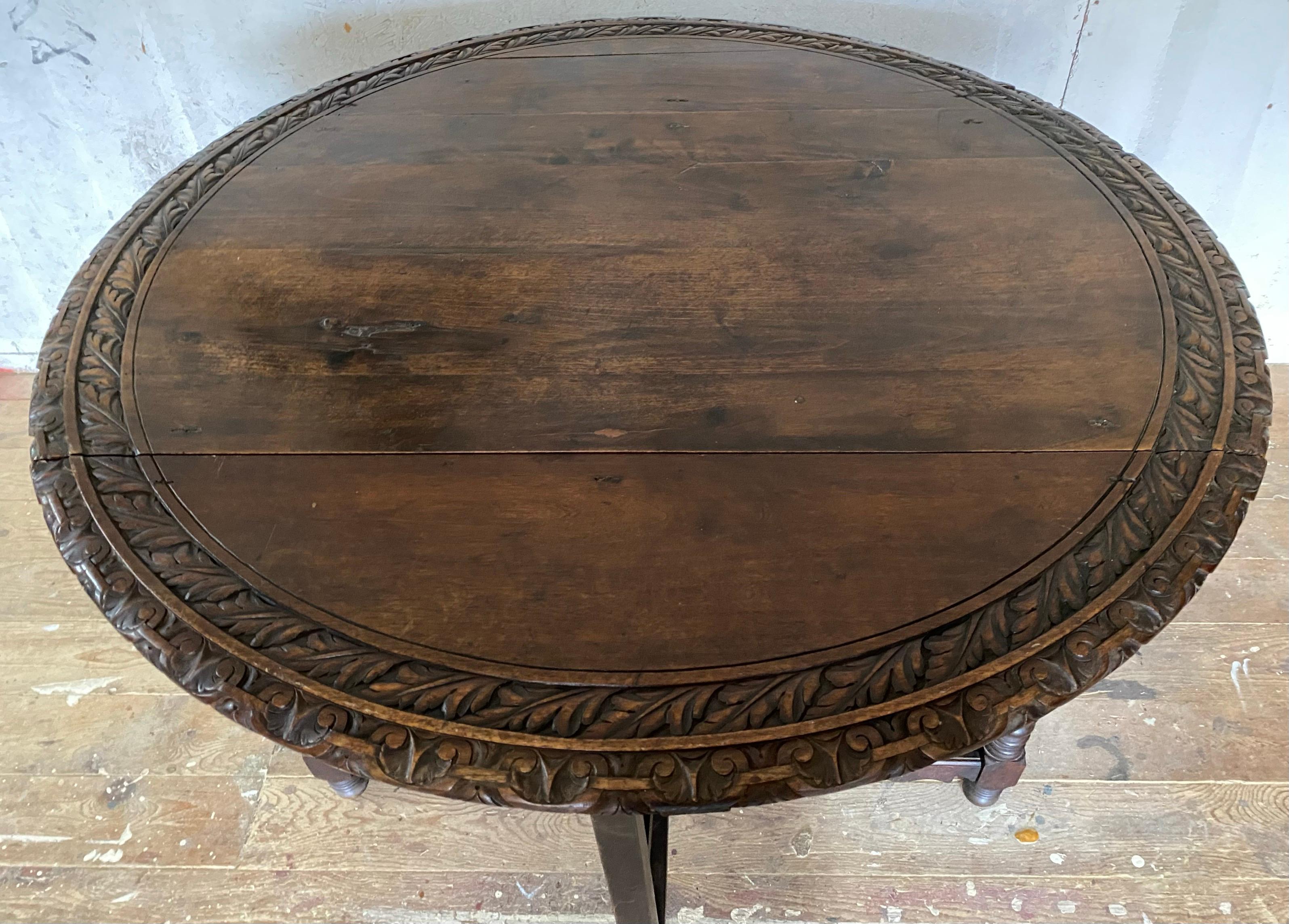 Wood Antique French Country Carved Drop Leaf Gateleg Table For Sale