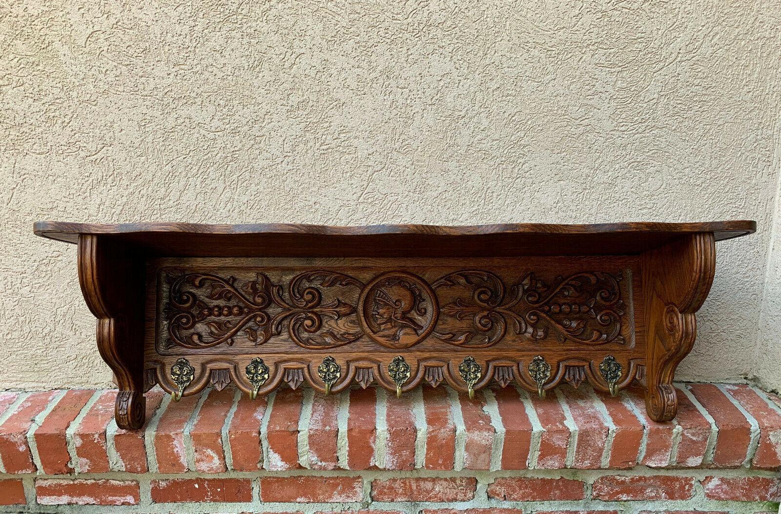 Antique French Country Carved Oak Wall Shelf Coat Hat Plate Rack Brass Warrior 1