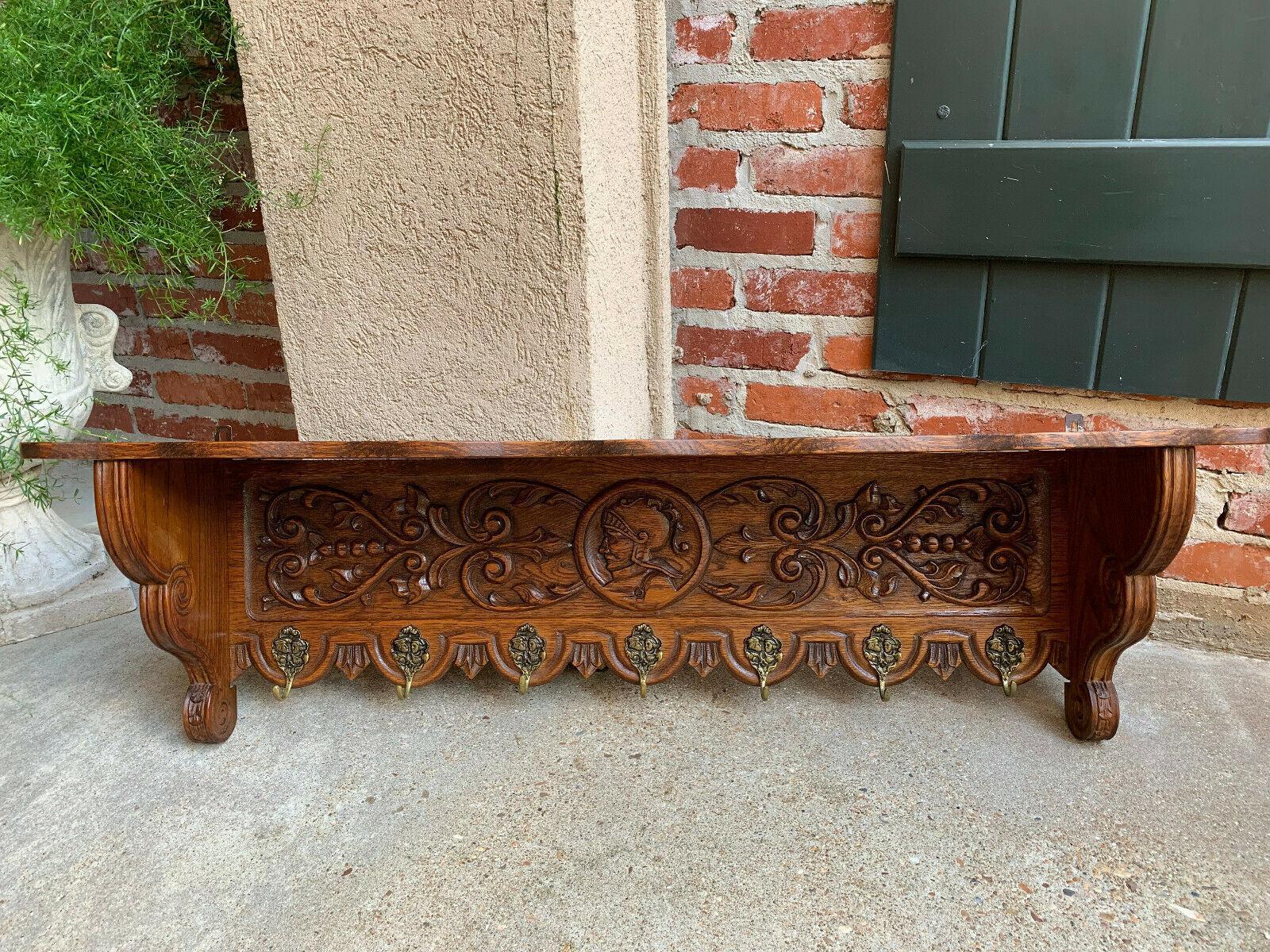 Antique French Country Carved Oak Wall Shelf Coat Hat Plate Rack Brass Warrior 2