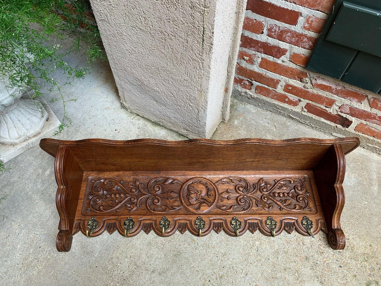 Antique French Country Carved Oak Wall Shelf Coat Hat Plate Rack Brass Warrior 3
