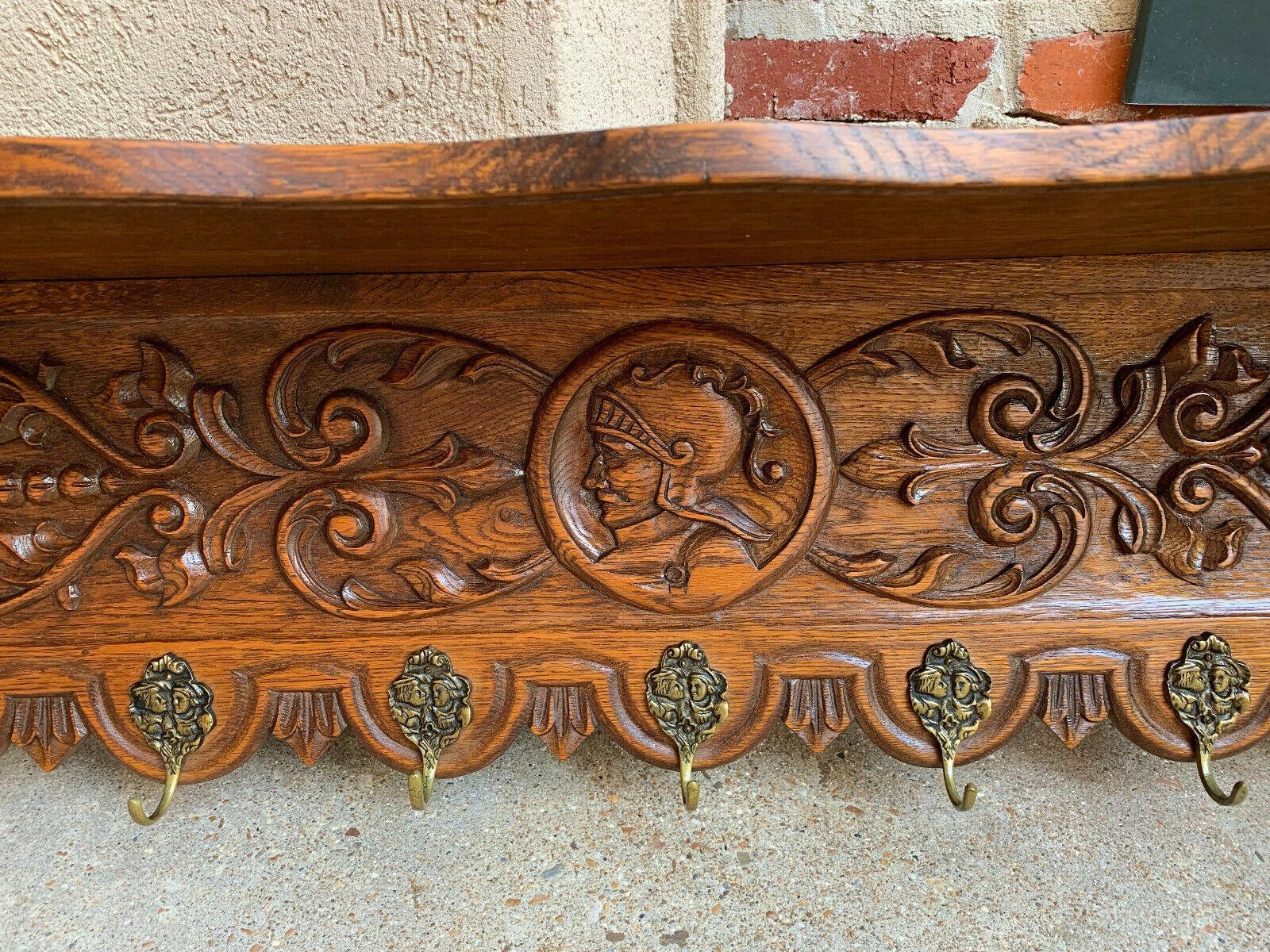 Antique French Country Carved Oak Wall Shelf Coat Hat Plate Rack Brass Warrior 4