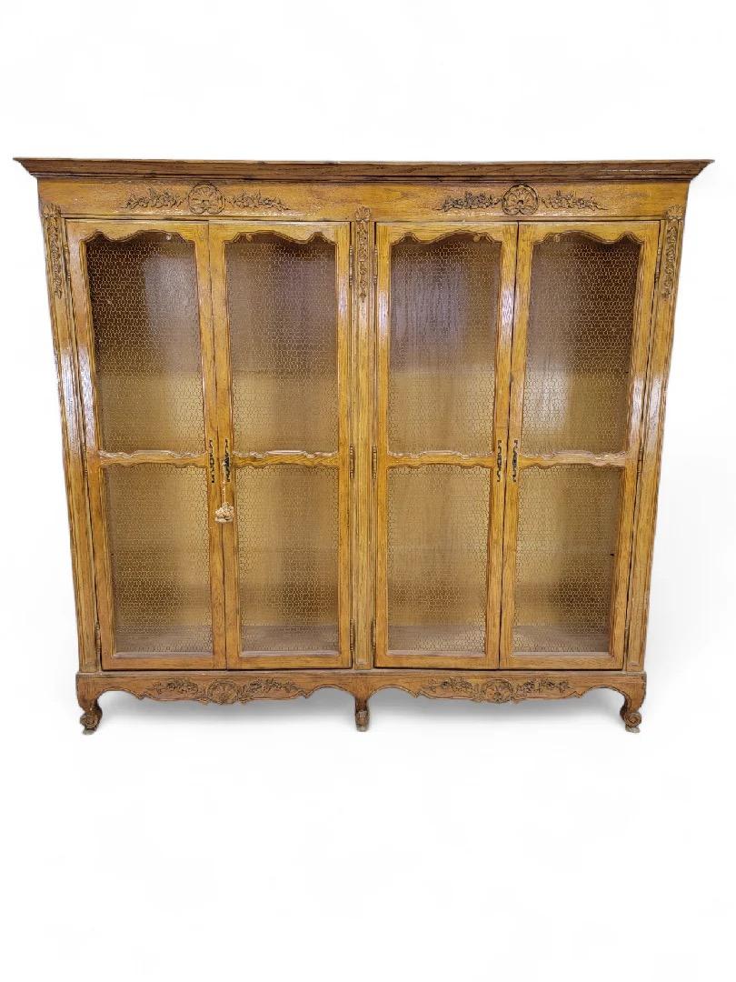 French Provincial Antique French Country Chicken Wire Paneled Bookcase For Sale