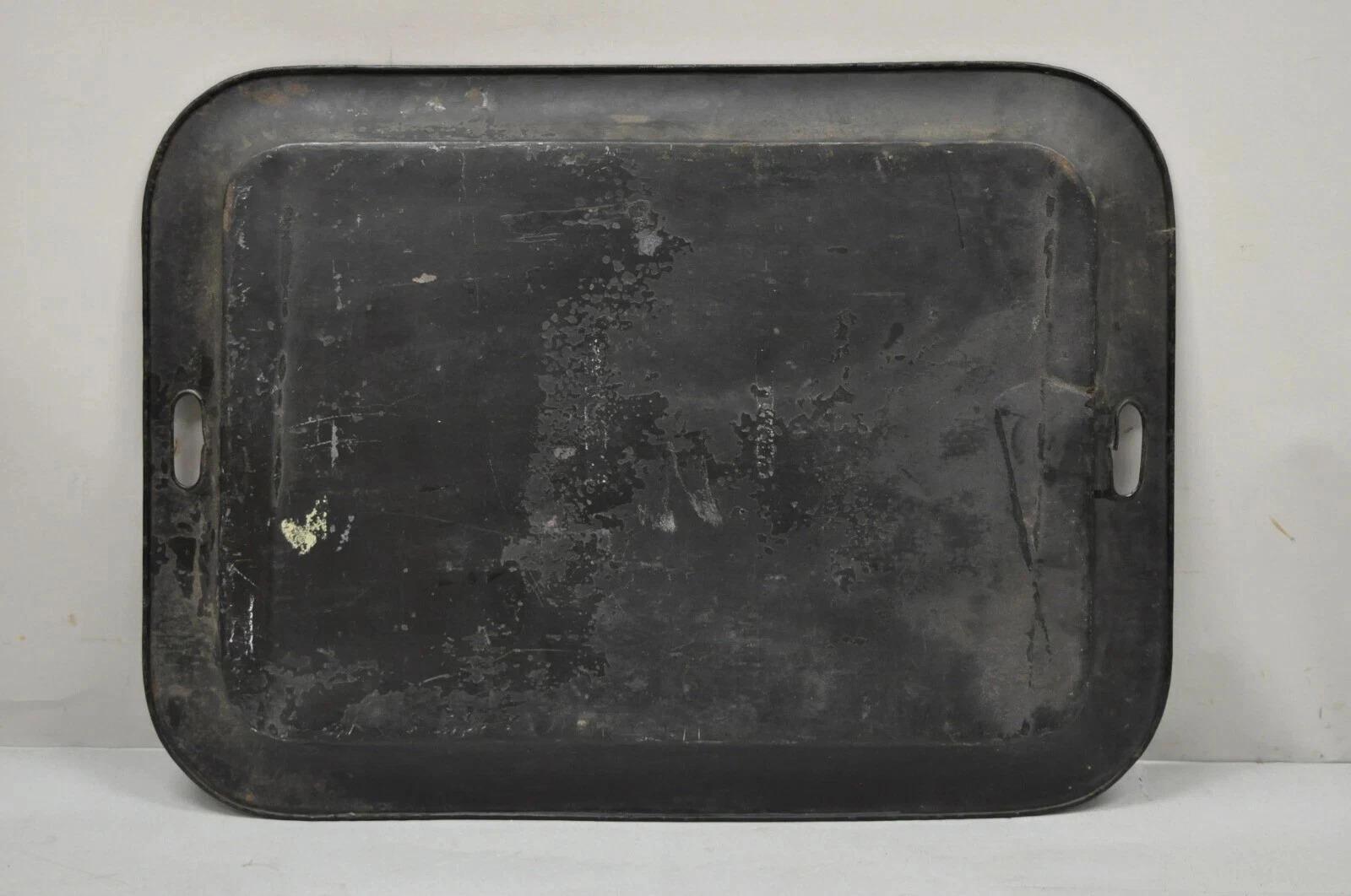 Antique French Country Chinoiserie lackiert Tole Metall Schwarz Gold Butlers Tablett im Angebot 5