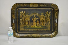 Antique French Country Chinoiserie Laccato Tole Metal Nero Oro Vassoio dei maggiordomi