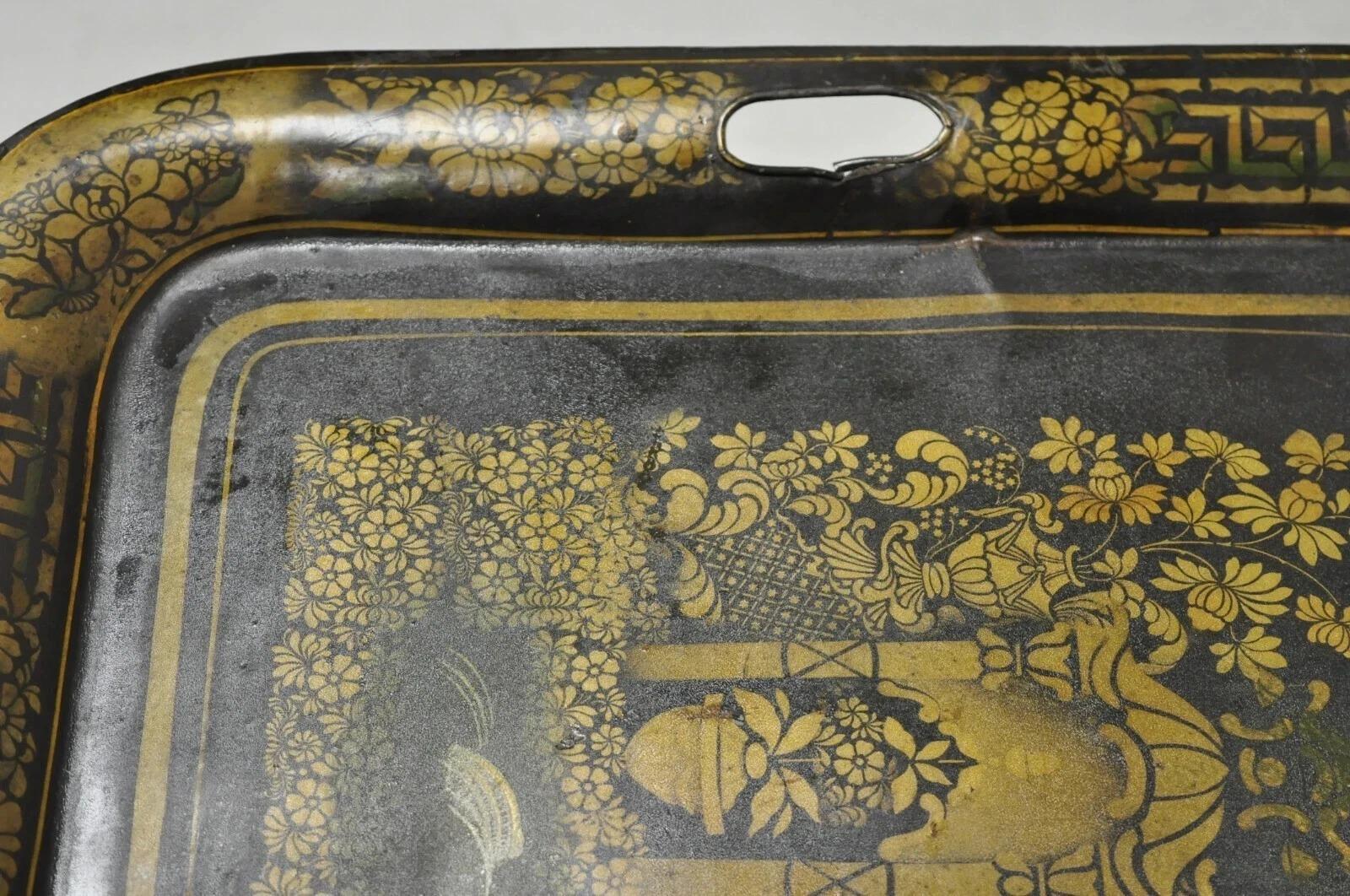 Antique French Country Chinoiserie lackiert Tole Metall Schwarz Gold Butlers Tablett im Angebot 3