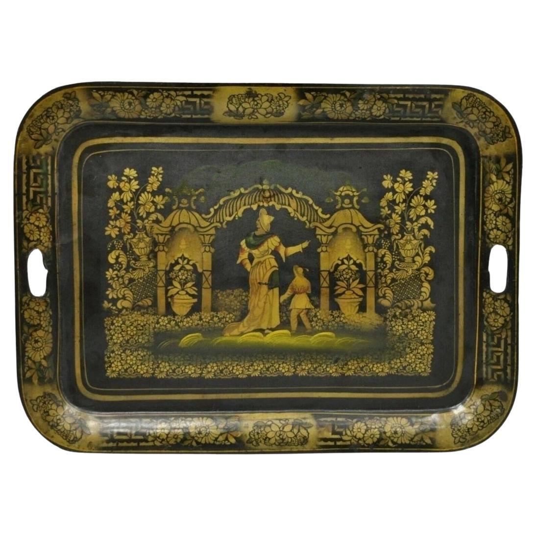 Antique French Country Chinoiserie lackiert Tole Metall Schwarz Gold Butlers Tablett im Angebot