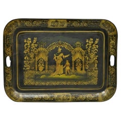 Antique French Country Chinoiserie lackiert Tole Metall Schwarz Gold Butlers Tablett
