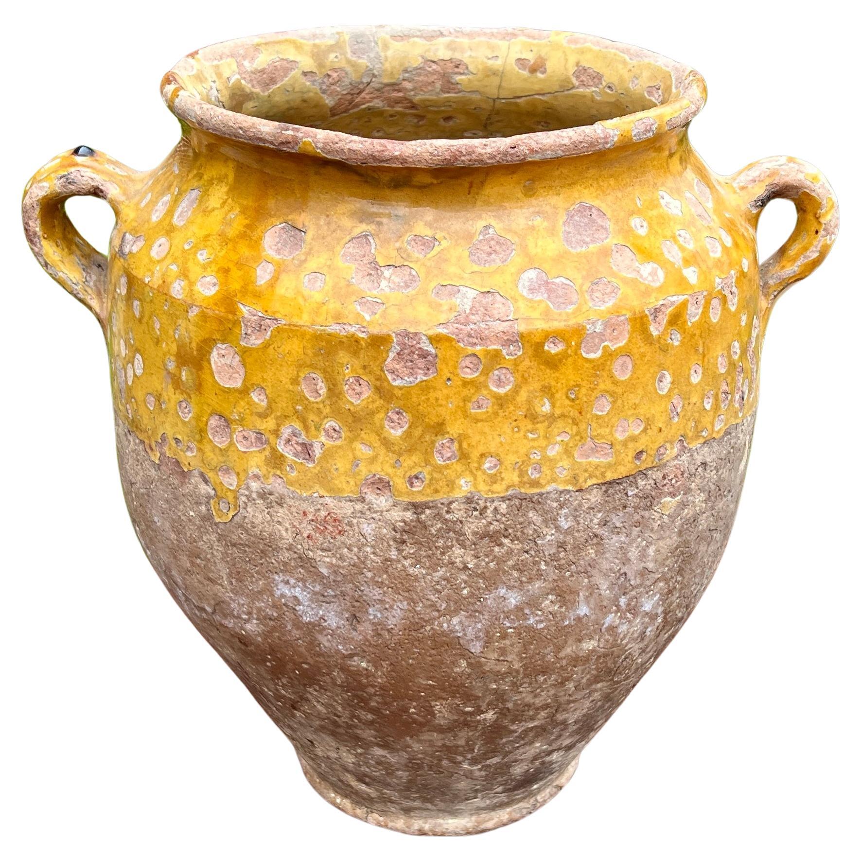 Ancien pot à confiture français, pot à confiture vernissé jaune ocre grand #1