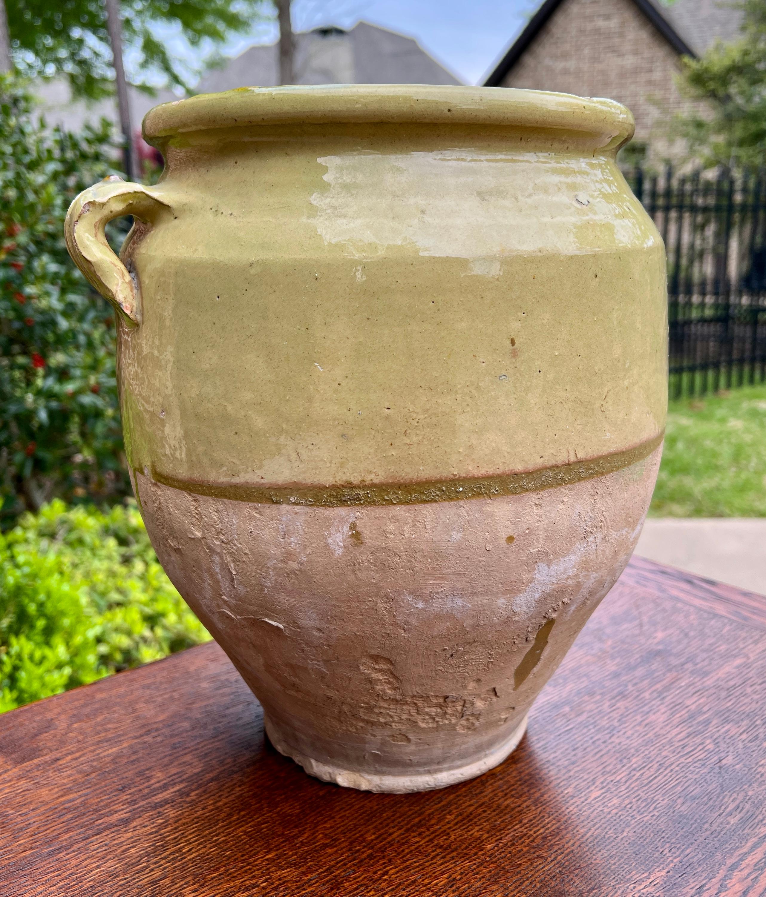 Antique French Country Confit Pot Pottery Jug Glazed Greenish Yellow Large #2 For Sale 9