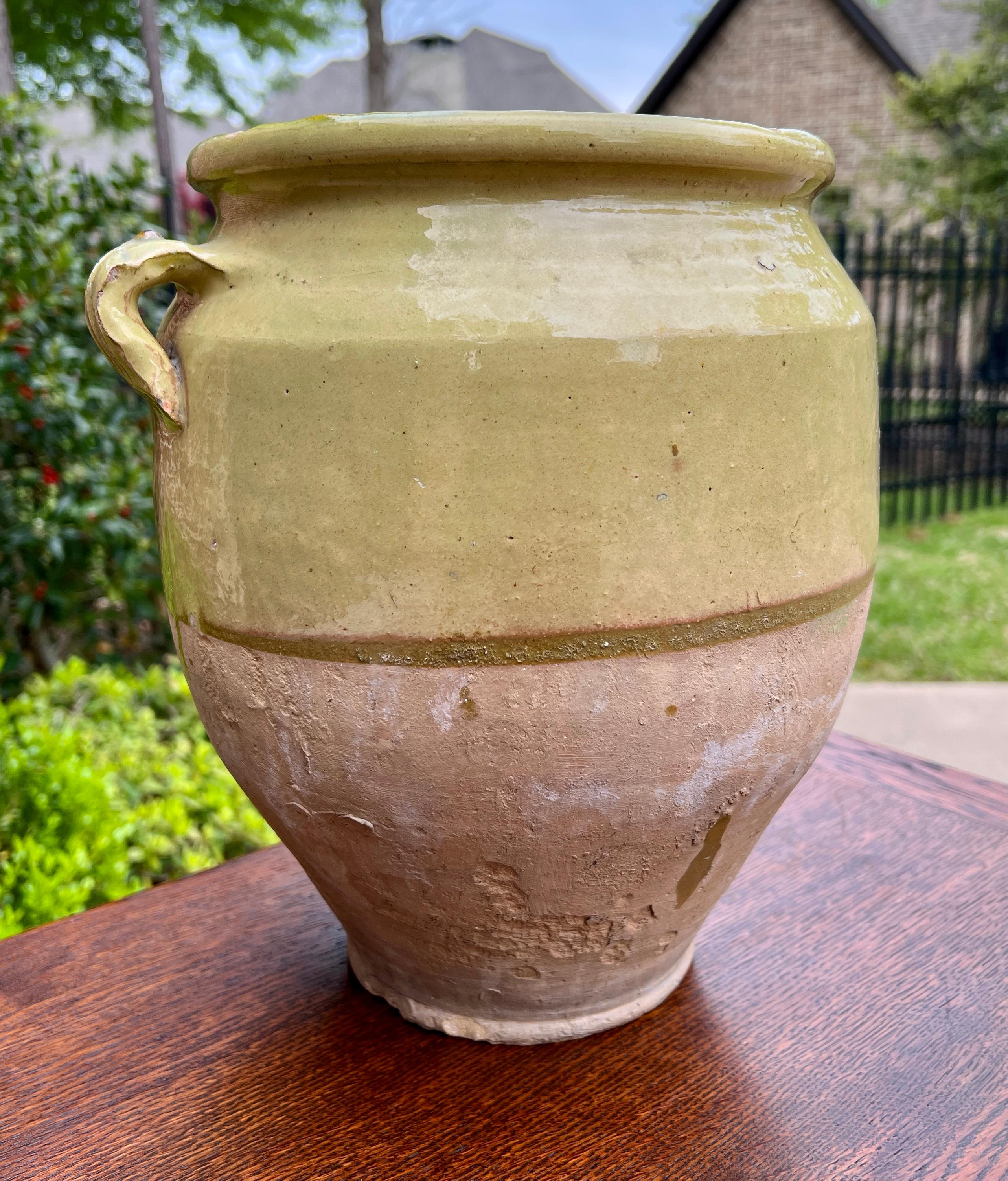 Antique French Country Confit Pot Pottery Jug Glazed Greenish Yellow Large #2 9