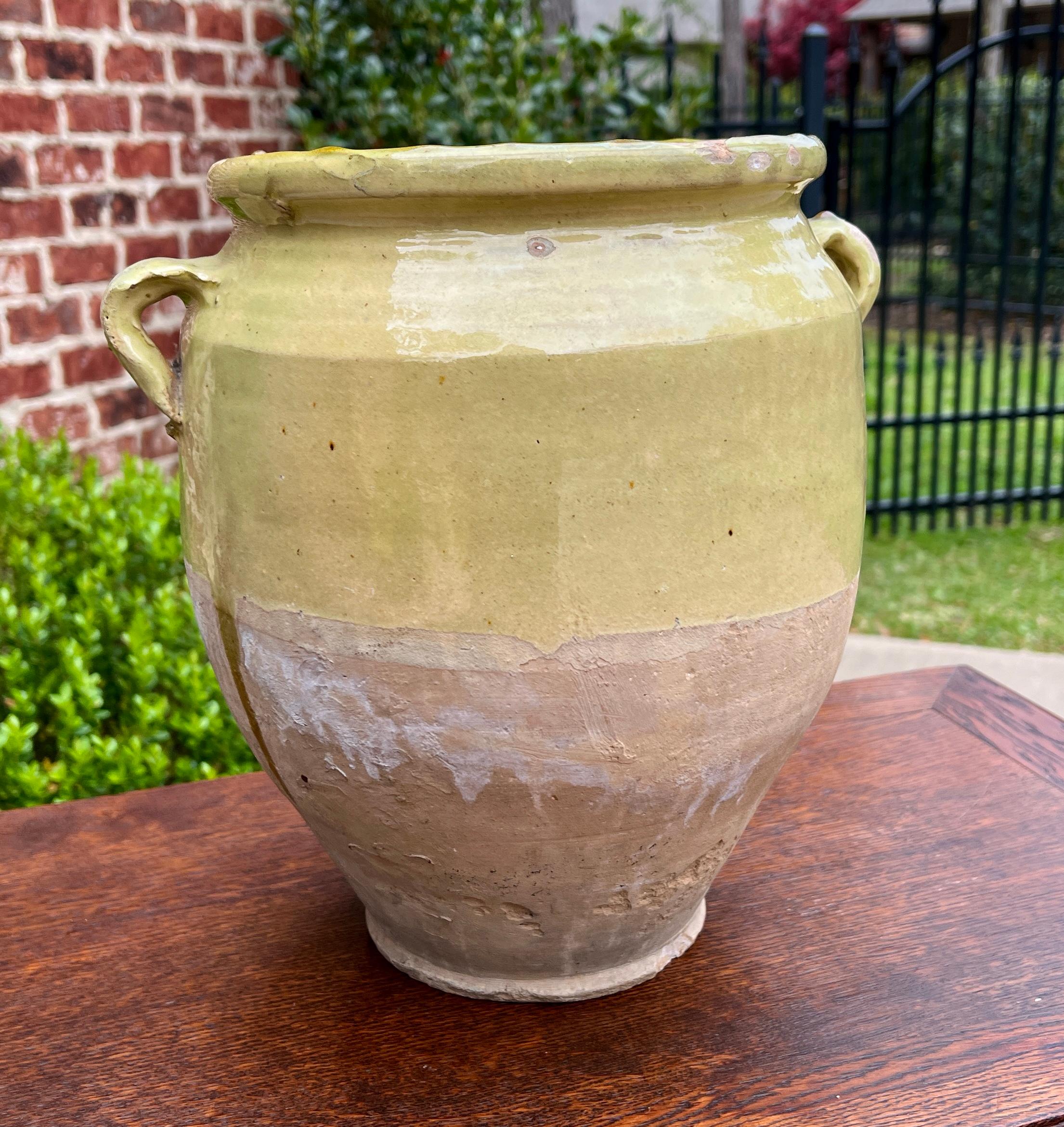 20th Century Antique French Country Confit Pot Pottery Jug Glazed Greenish Yellow Large #2 For Sale