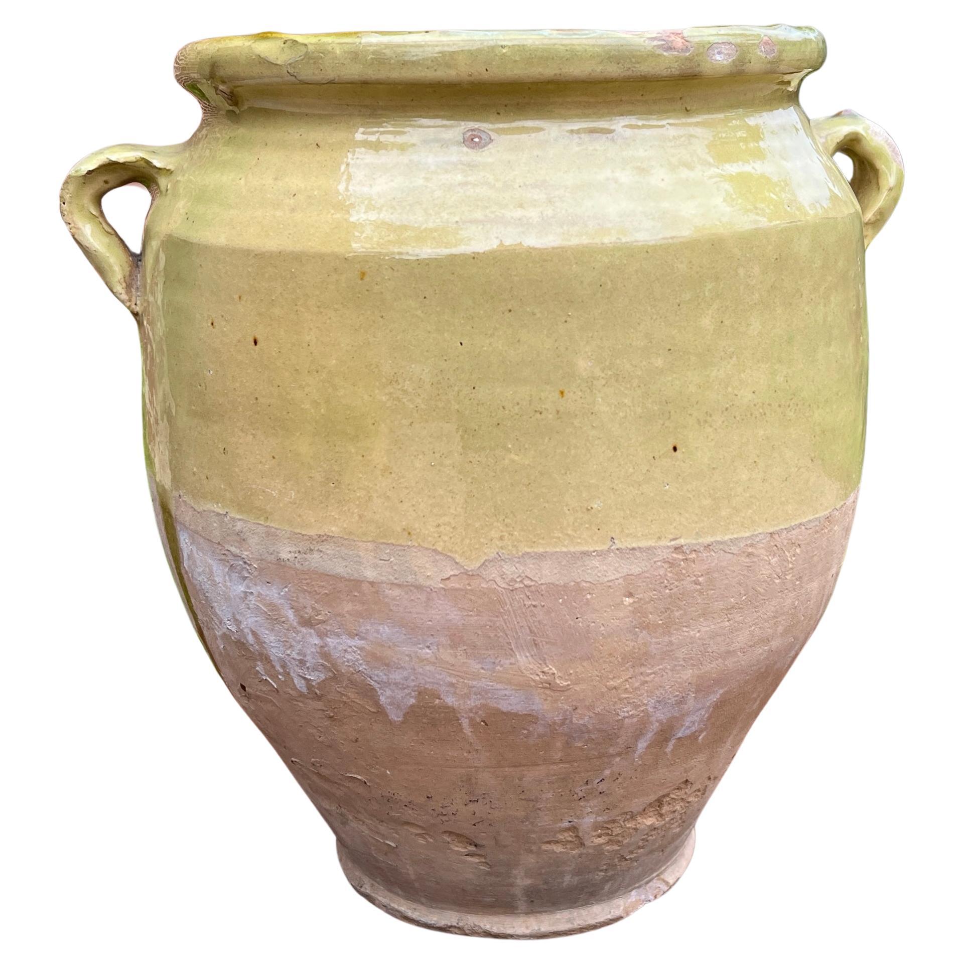 Antike Französisch Land Confit Keramik Krug glasiert grünlich gelb groß #2