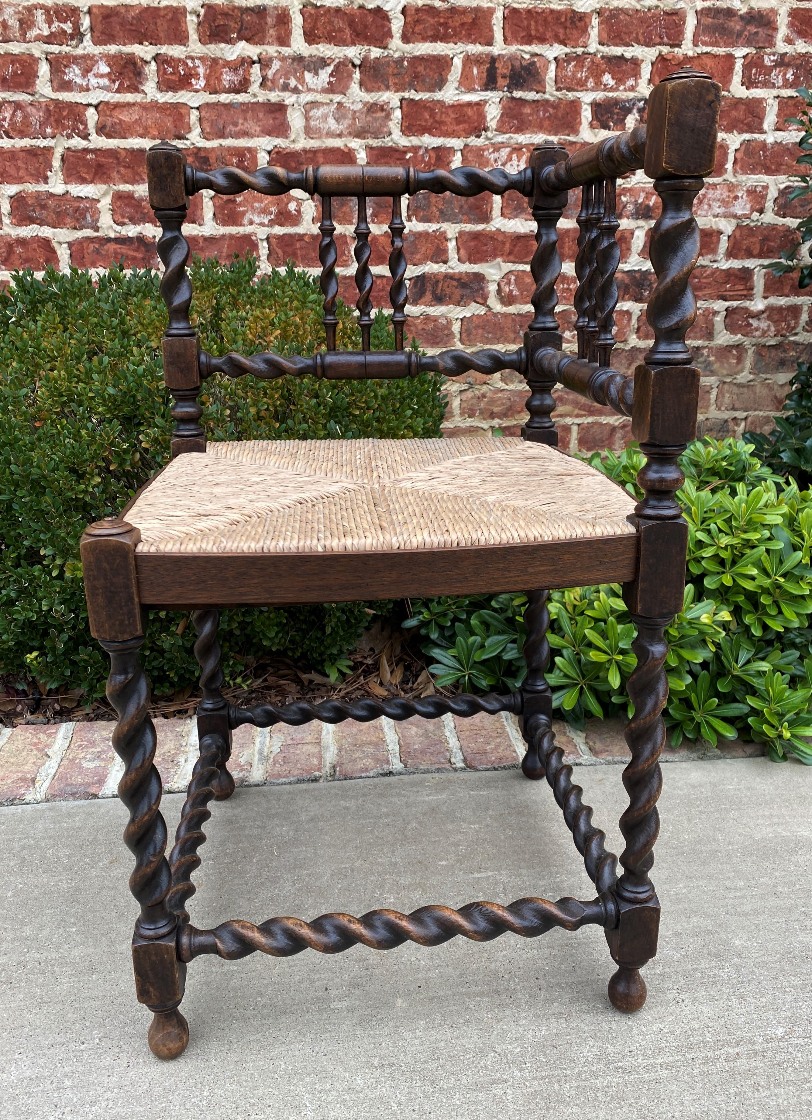 French Provincial Antique French Country Corner Chair Oak Barley Twist Rush Seat Petite Farmhouse