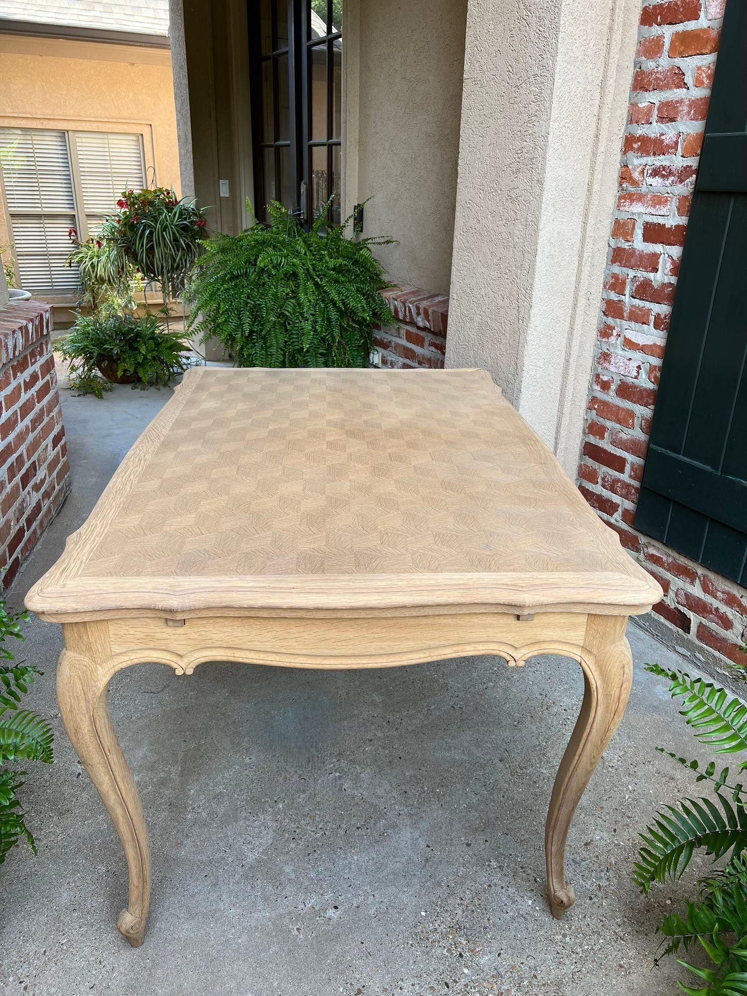 Antique French Country Dining Kitchen Table Stripped Bleached Draw Leaf Parquet In Good Condition For Sale In Shreveport, LA