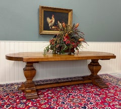 Antique French Country Dining Table Farmhouse Pedestal Trestle Honey Oak 1930s