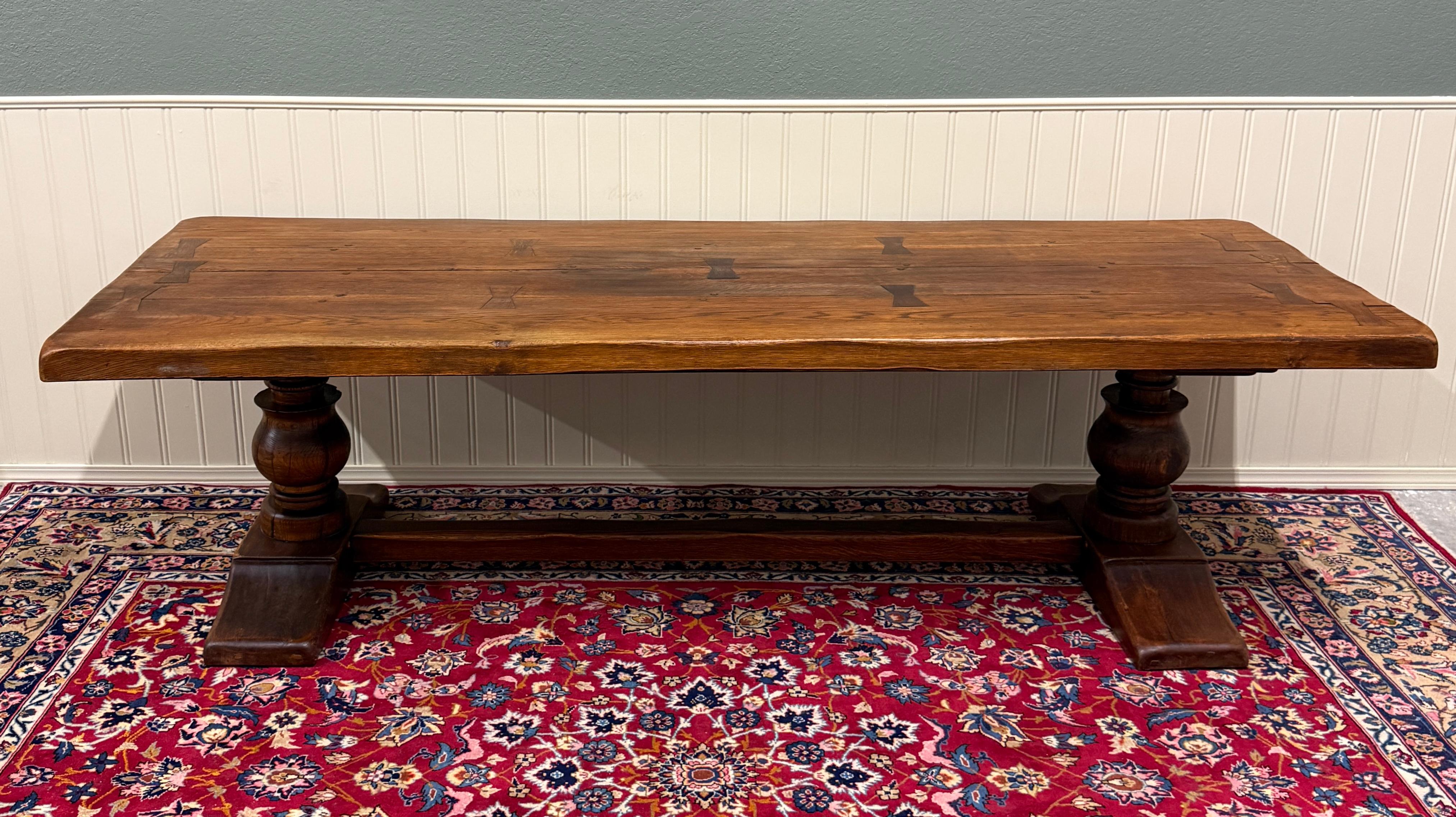 HANDSOME Antique French Country LARGE Farmhouse Oak Dining Table with Baluster Trestle Base~~102.5