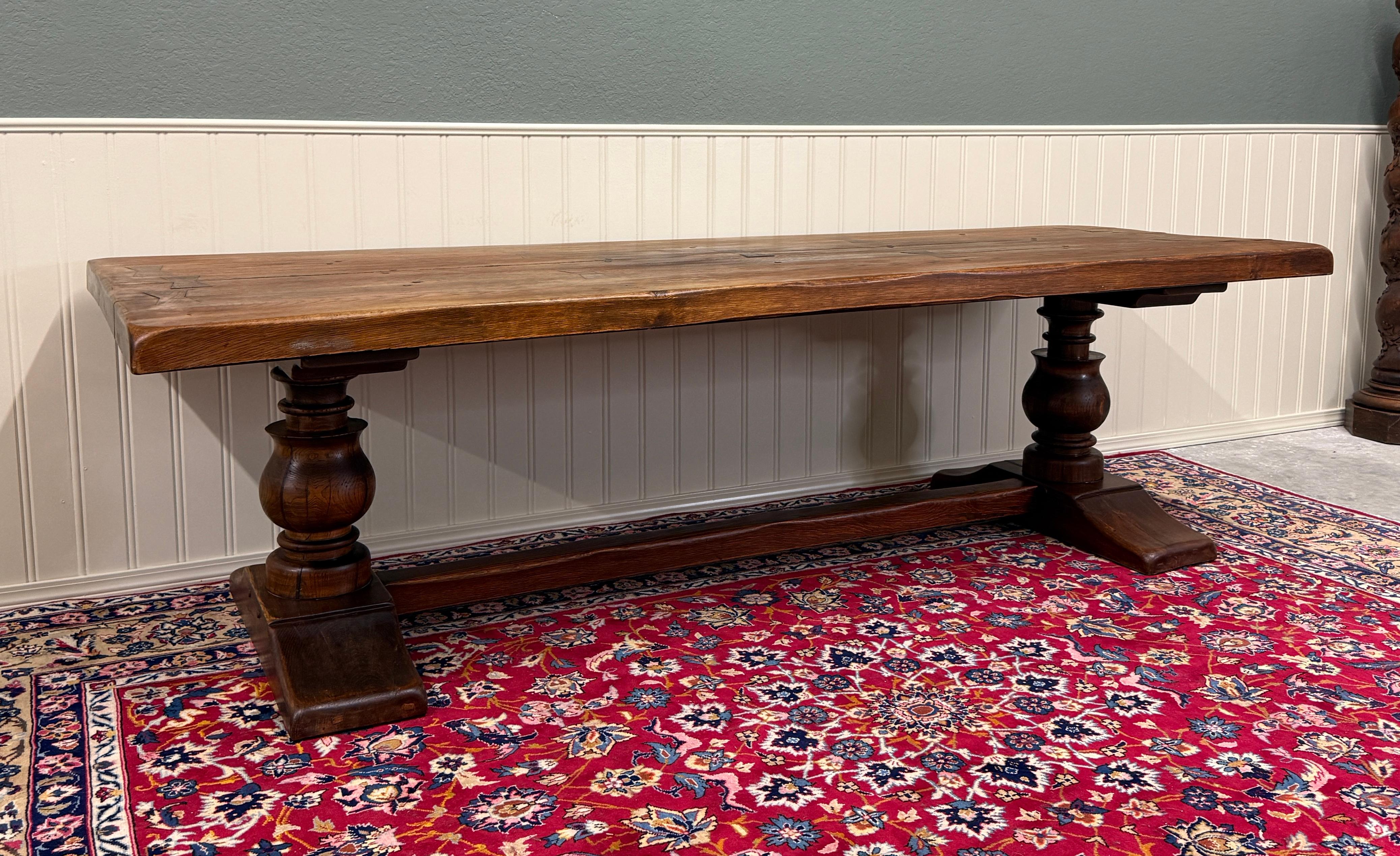 XIXe siècle Antique French Country Farm Dining Table Farmhouse LARGE Trestle Base Oak 19th c en vente