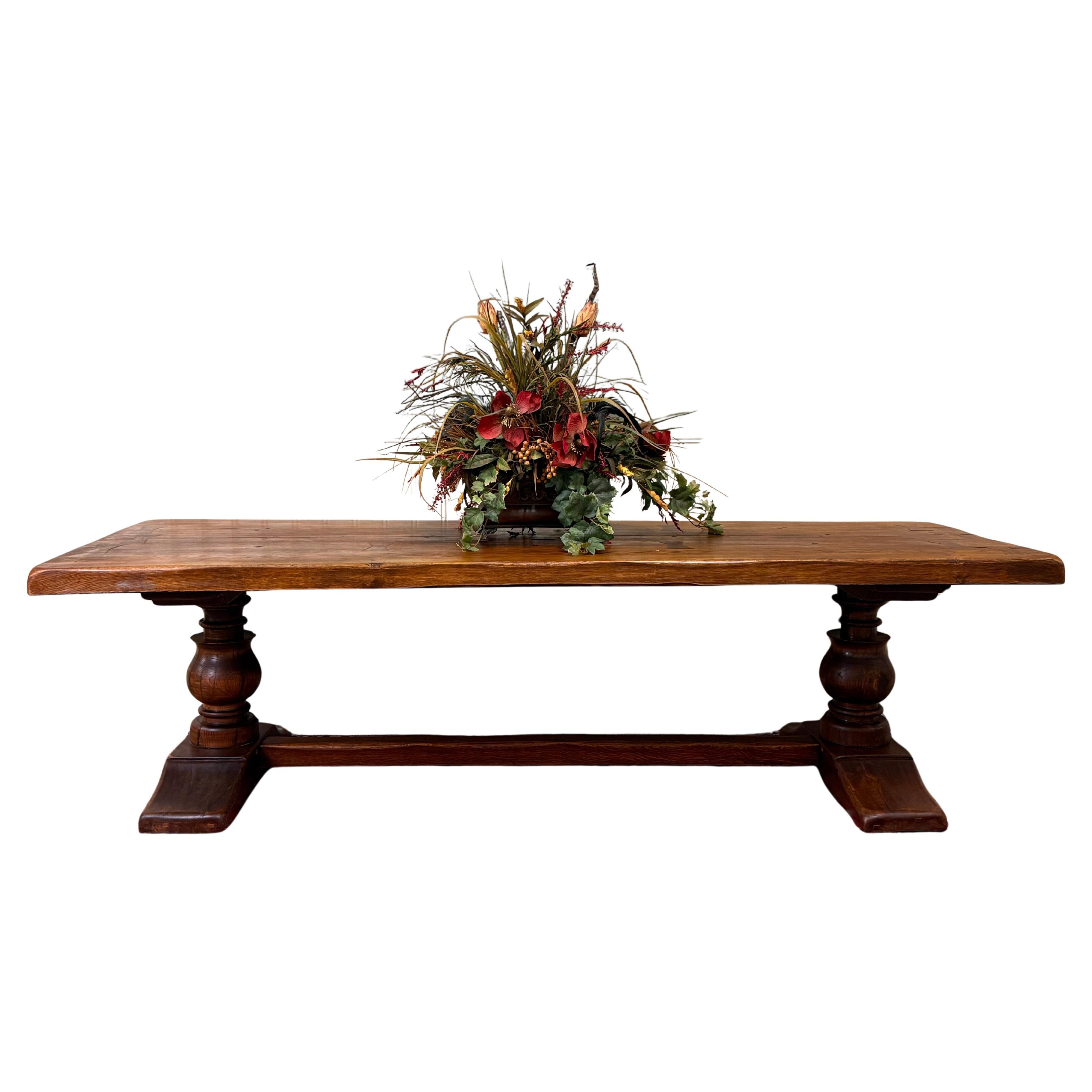 Antique French Country Farm Dining Table Farmhouse LARGE Trestle Base Oak 19th c en vente