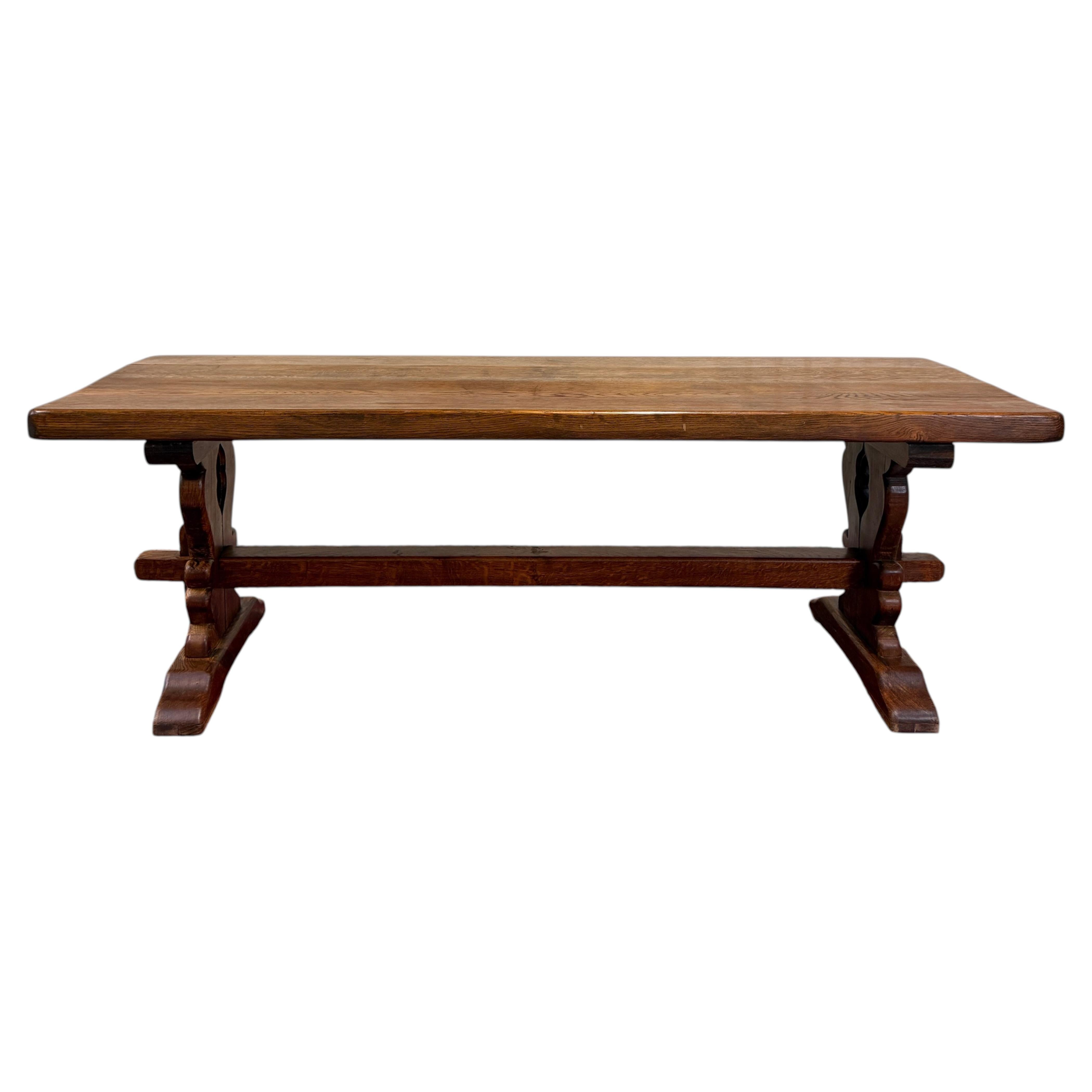 Antique French Country Farm Dining Table Farmhouse Trestle Base Oak 87"W