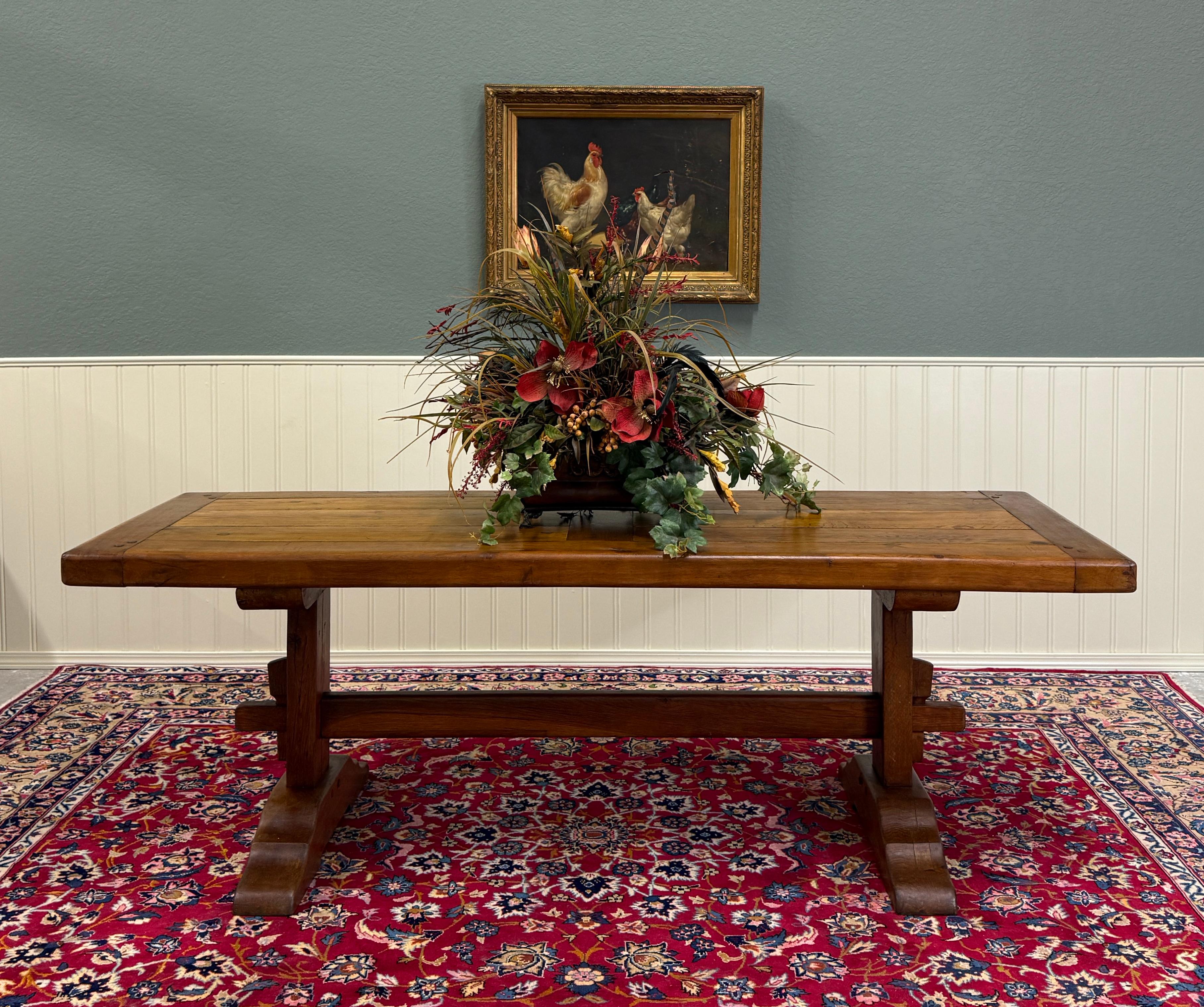 HANDSOME Antique French Country Oak Farmhouse Monastery Dining Table with Trestle Base~~c. 1900-1920

This table has 