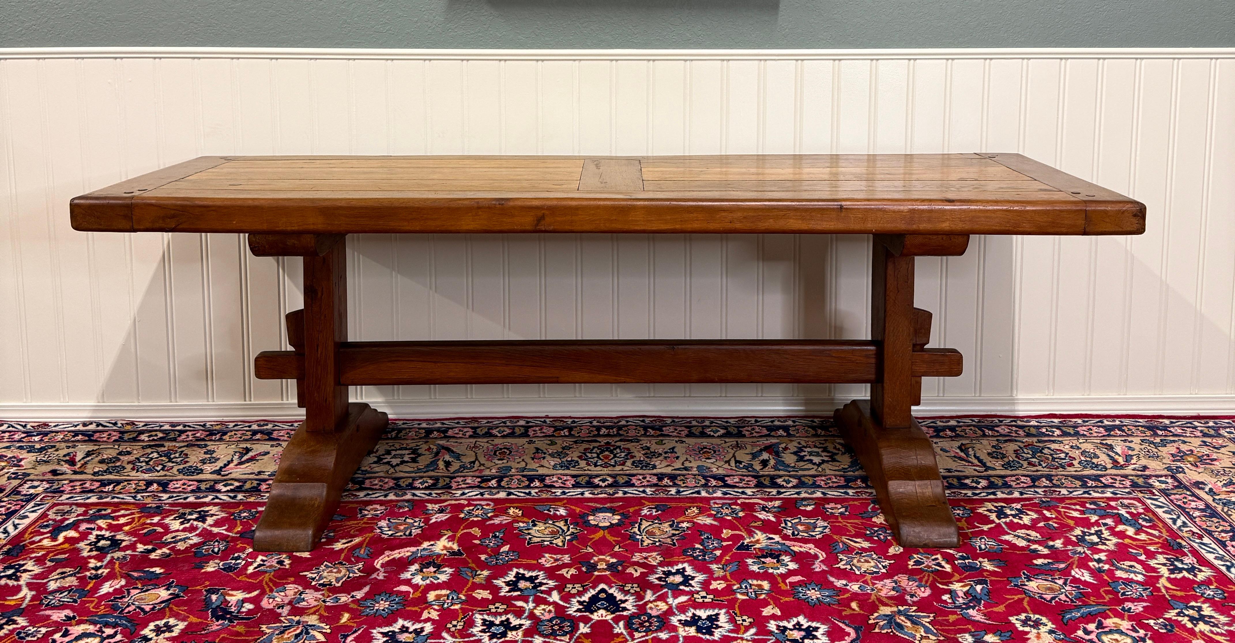 French Provincial Antique French Country Farm Dining Table Farmhouse Trestle Base Oak c.1900 For Sale