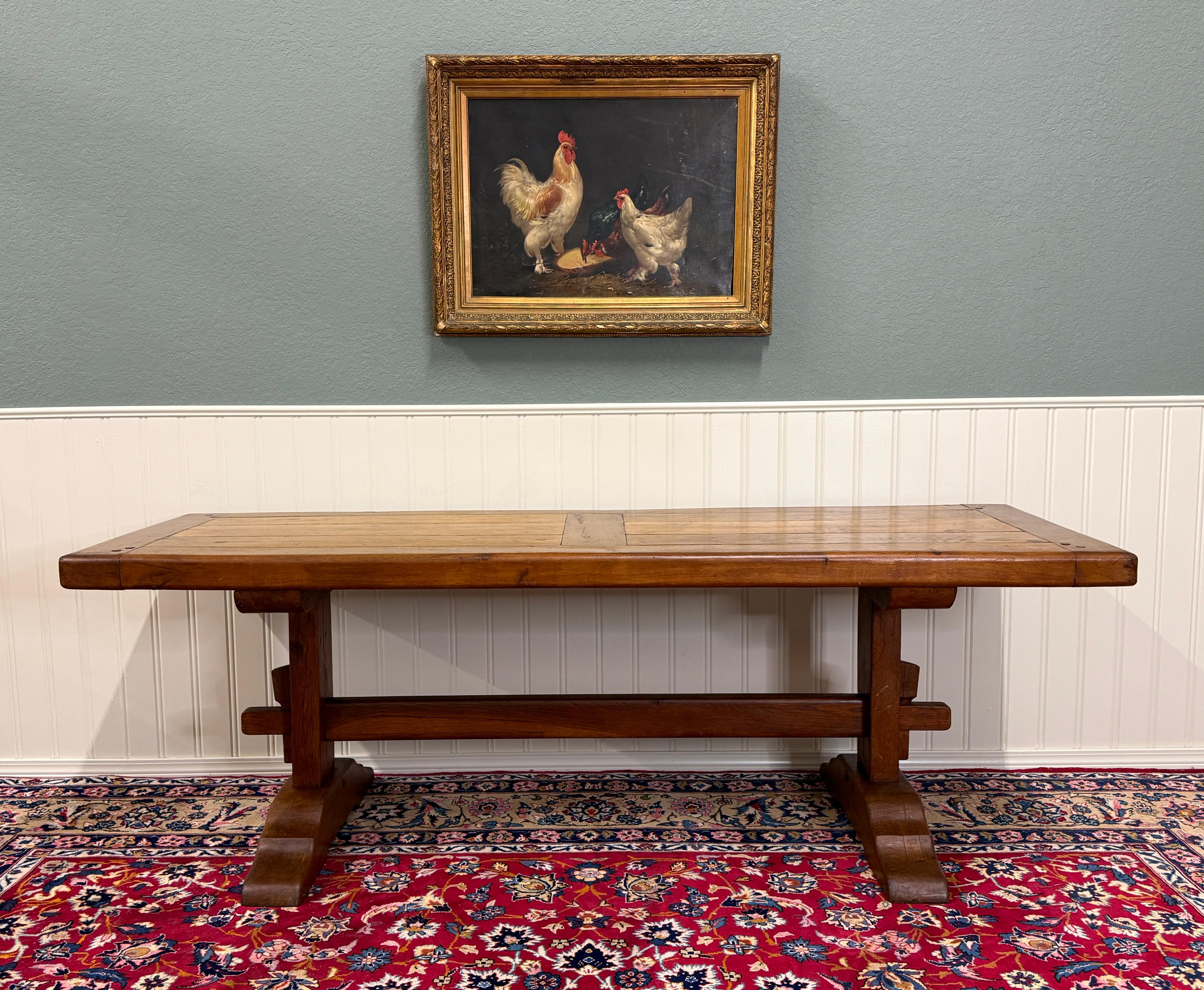 Antique French Country Farm Dining Table Farmhouse Trestle Base Oak c.1900 In Good Condition For Sale In Tyler, TX