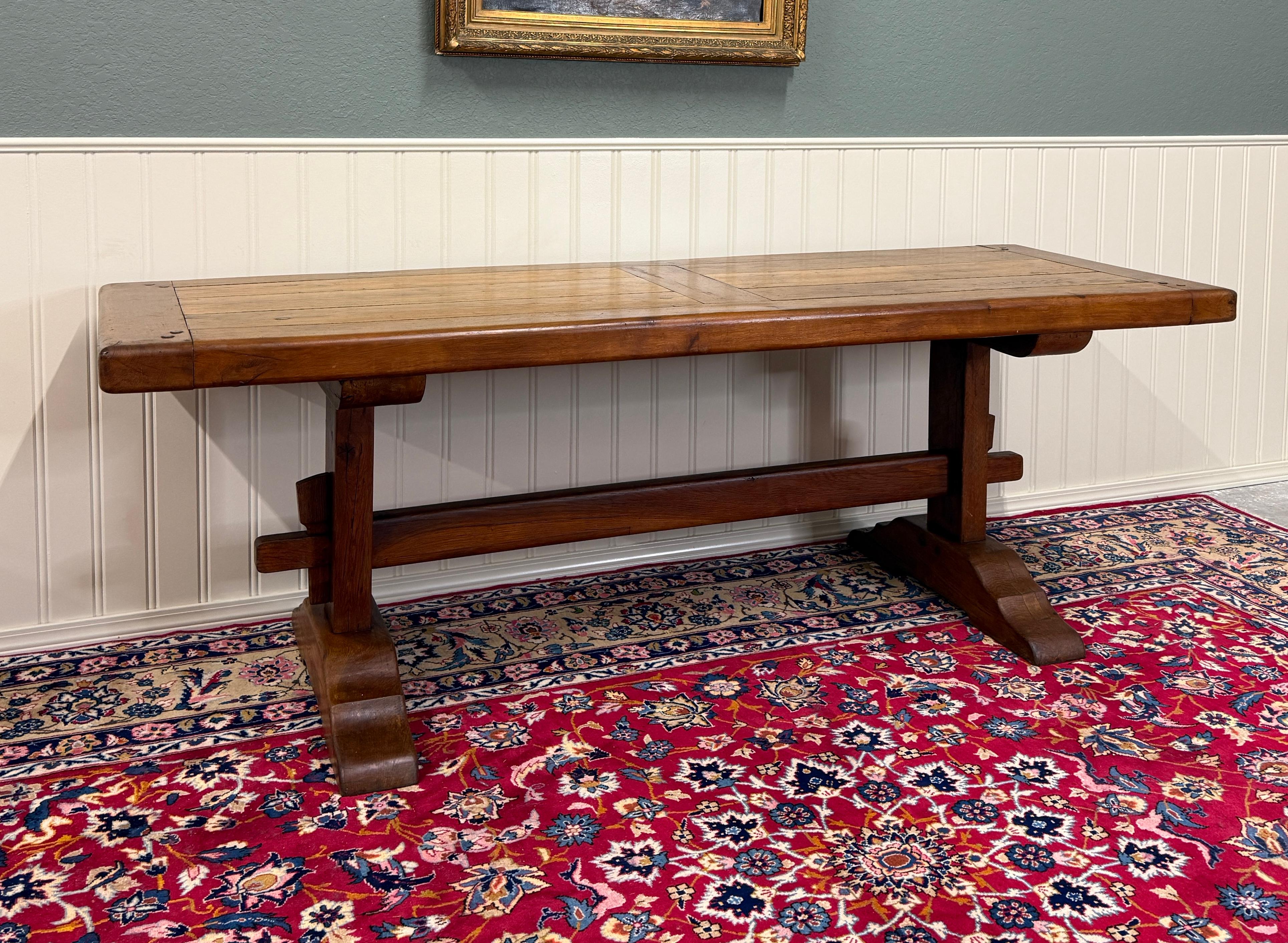 Early 20th Century Antique French Country Farm Dining Table Farmhouse Trestle Base Oak c.1900 For Sale