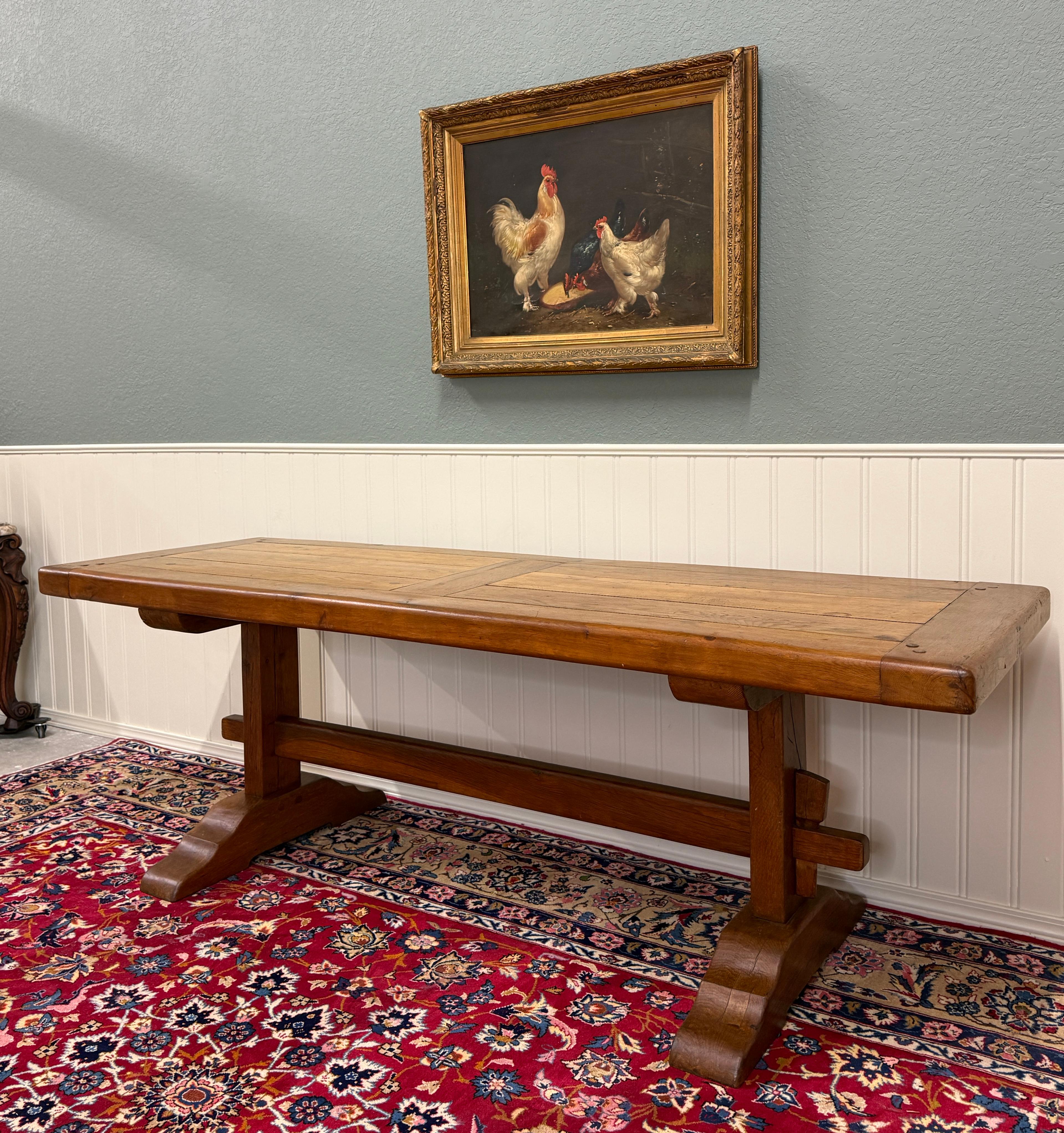 Antique French Country Farm Dining Table Farmhouse Trestle Base Oak c.1900 For Sale 1