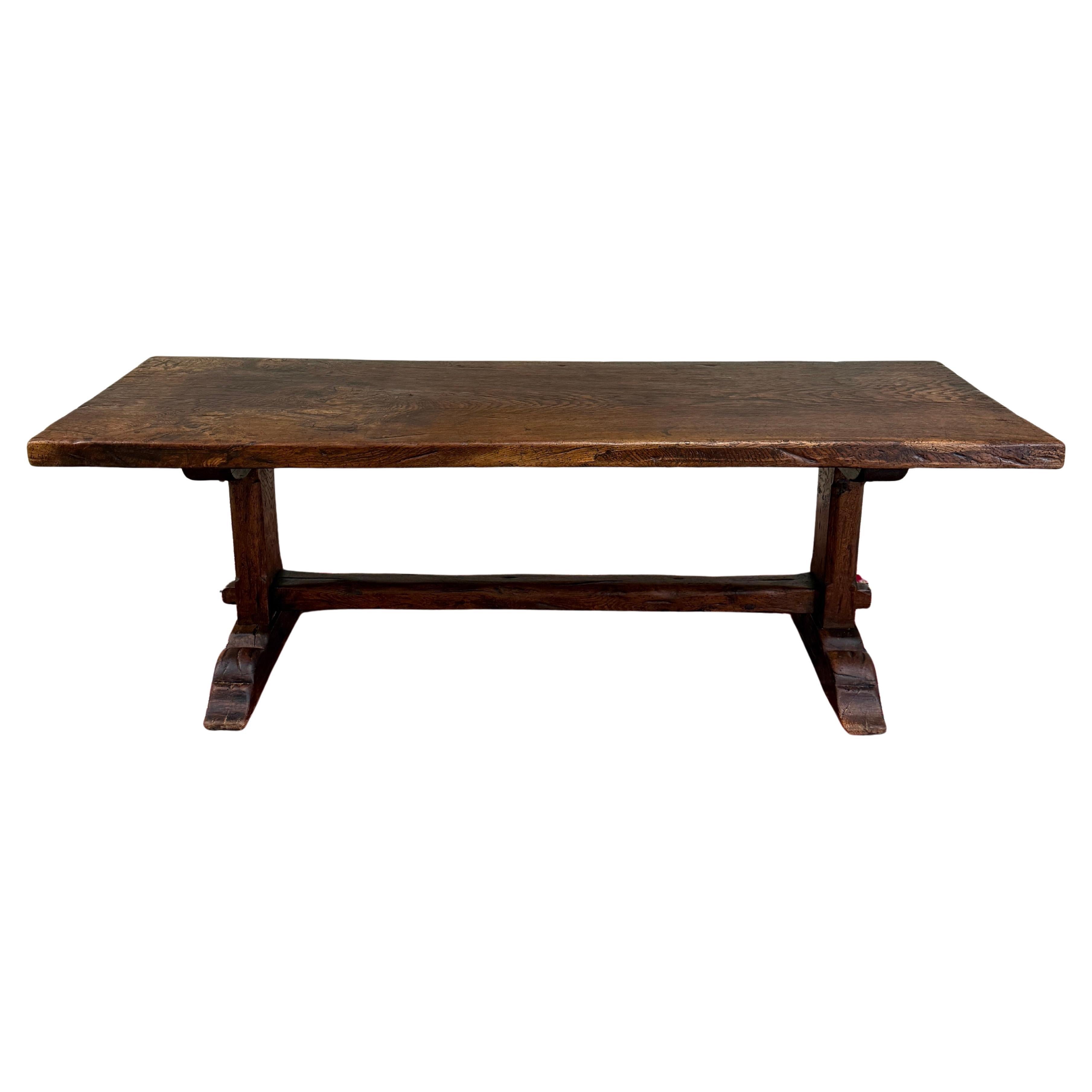 Antique French Country Farm Dining Table Farmhouse Trestle Base Oak early 19th c For Sale