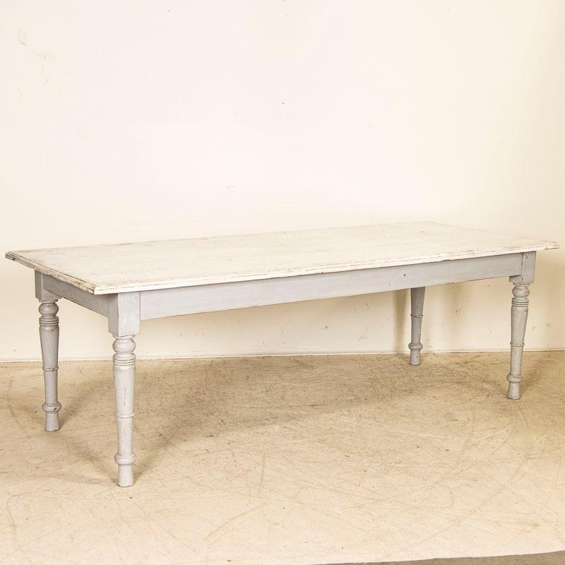 Antique French Country Farm Dining Table with Painted White Top and Grey Base 4