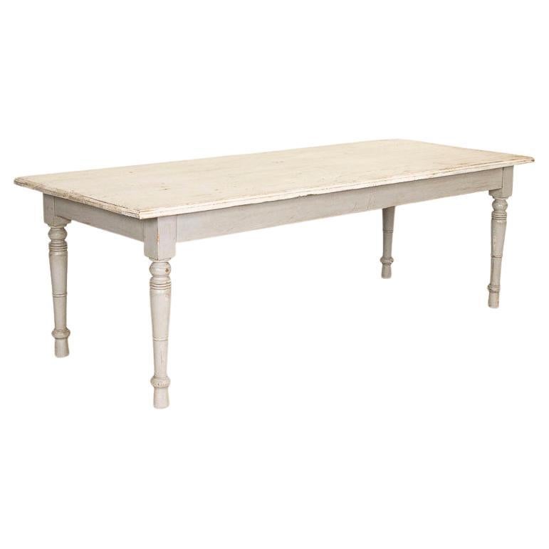 Antique French Country Farm Dining Table with Painted White Top and Grey Base