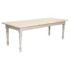 Antique French Country Farm Dining Table with Painted White Top and Grey Base
