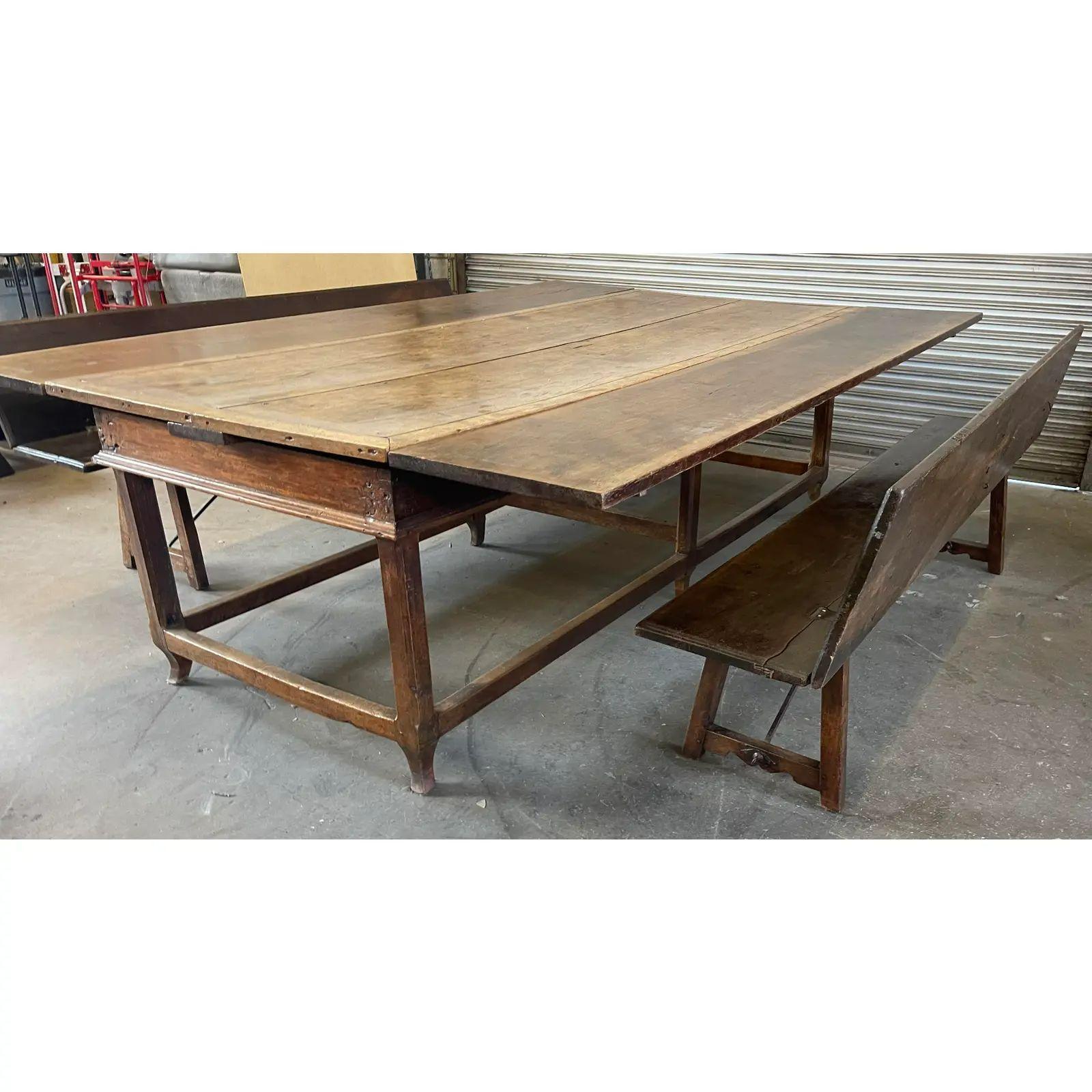 Walnut Antique French Country Farmhouse Extension Table & Bench Seating, 18th Century For Sale