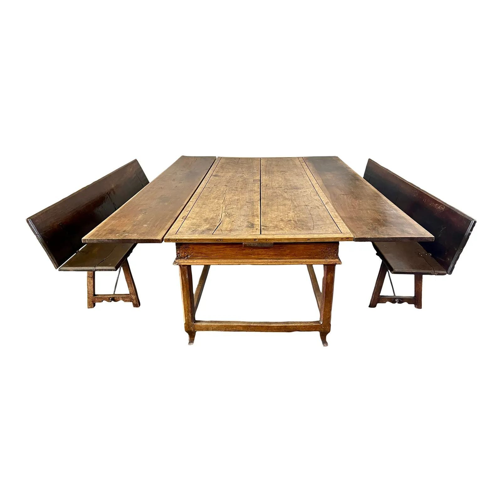 Antique French Country Farmhouse Extension Table & Bench Seating, 18th Century For Sale