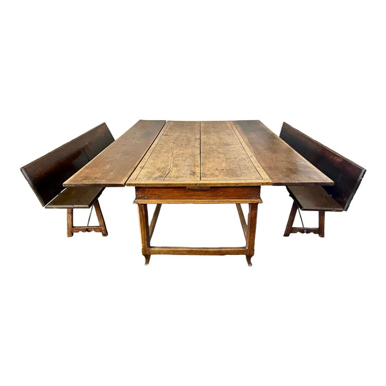French Country Farmhouse Extension Table and Bench Seating, 18th Century