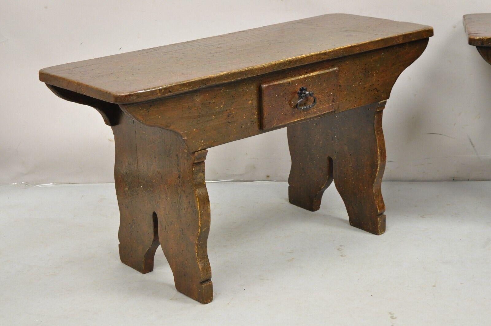 Antique French Country Farmhouse Pine Wood Low Side Table Bench w/ Drawer - Pair For Sale 8