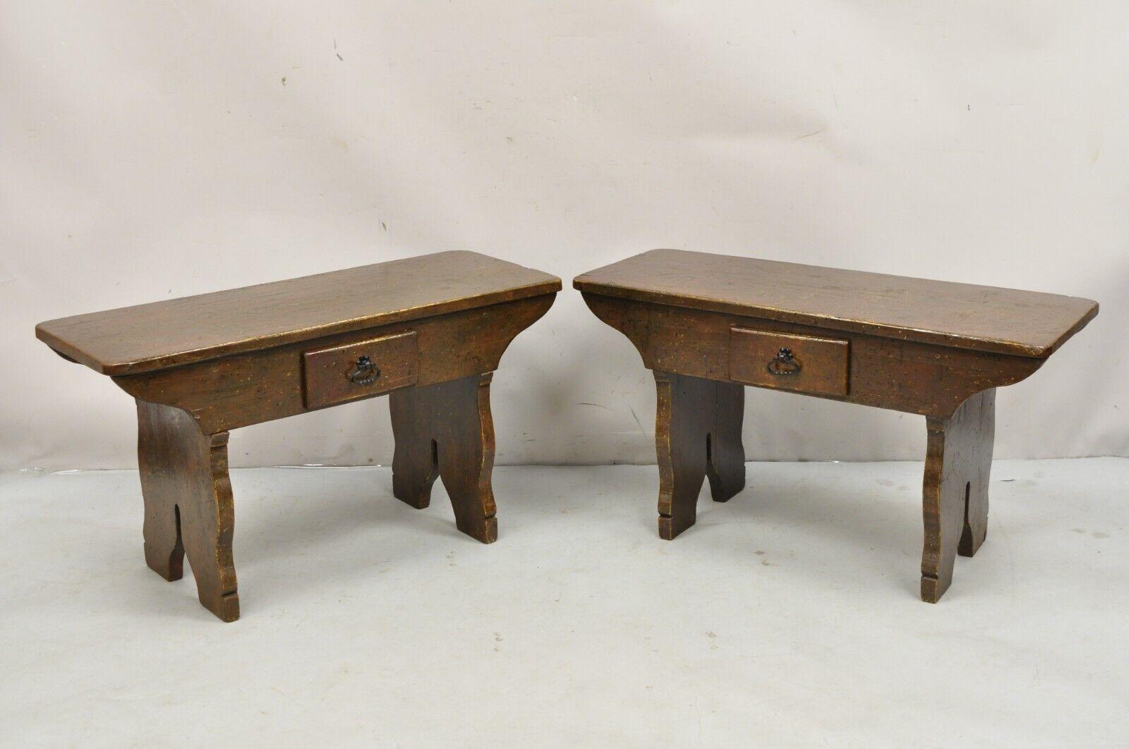 Antique French Country Farmhouse Pine Wood Low Side Table Benches w/ Drawer - Pair. Item features solid wood construction, distressed antiqued finish, single drawer with iron hardware, nicely carved legs. Great for use as low side tables or benches.