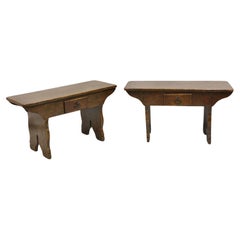 Retro French Country Farmhouse Pine Wood Low Side Table Bench w/ Drawer - Pair